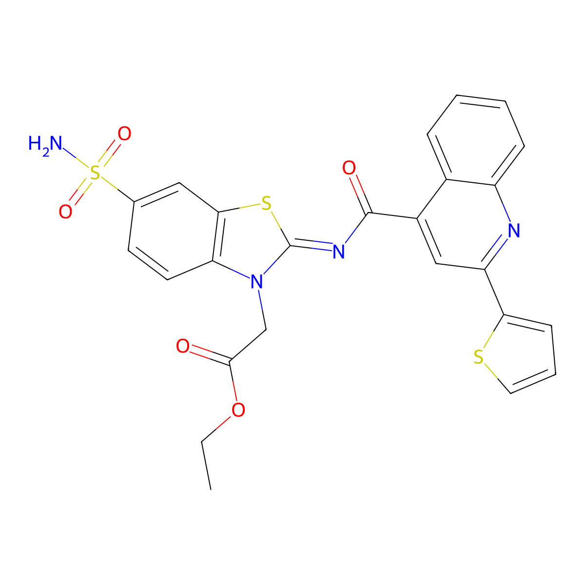 Ethyl 2-[6-sulfamoyl-2-(2-thiophen-2-ylquinoline-4-carbonyl)imino-1,3-benzothiazol-3-yl]acetate molecular structure, CAS 1164551-43-2