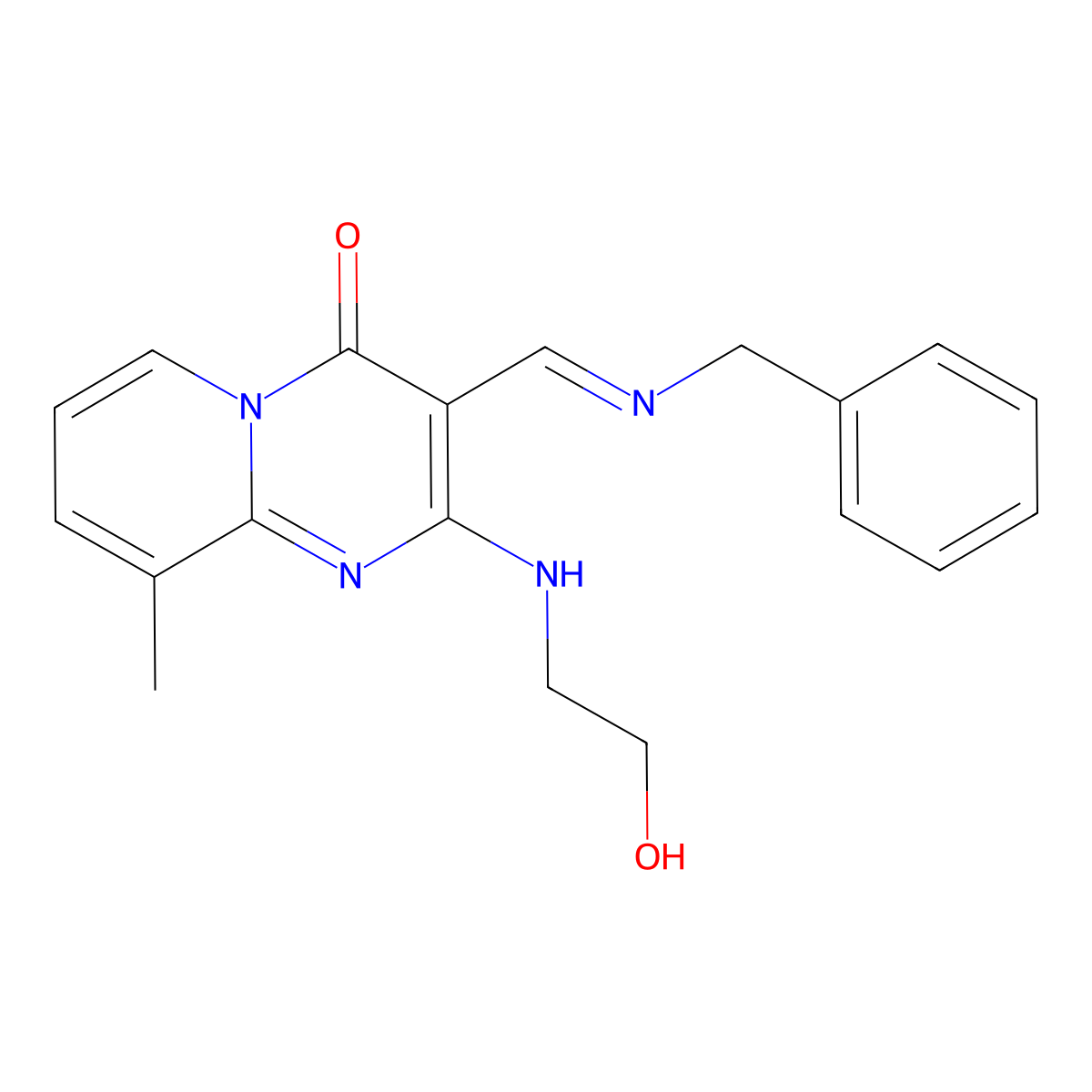 (E)-3-((benzylimino)methyl)-2-((2-hydroxyethyl)amino)-9-methyl-4H-pyrido[1,2-a]pyrimidin-4-one molecular structure, CAS 1164552-60-6