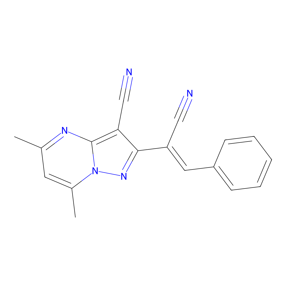 2-(1-Cyano-2-phenylvinyl)-5,7-dimethylpyrazolo[1,5-a]pyrimidine-3-carbonitrile molecular structure, CAS 1164556-51-7