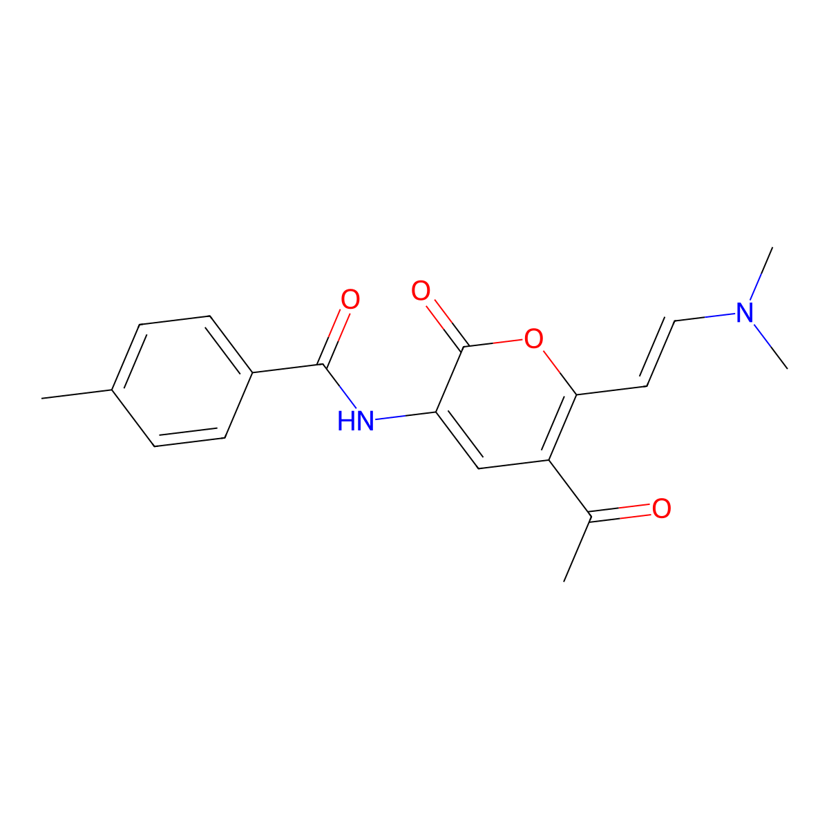 N-{5-acetyl-6-[(E)-2-(dimethylamino)ethenyl]-2-oxo-2H-pyran-3-yl}-4-methylbenzenecarboxamide molecular structure, CAS 1164563-84-1