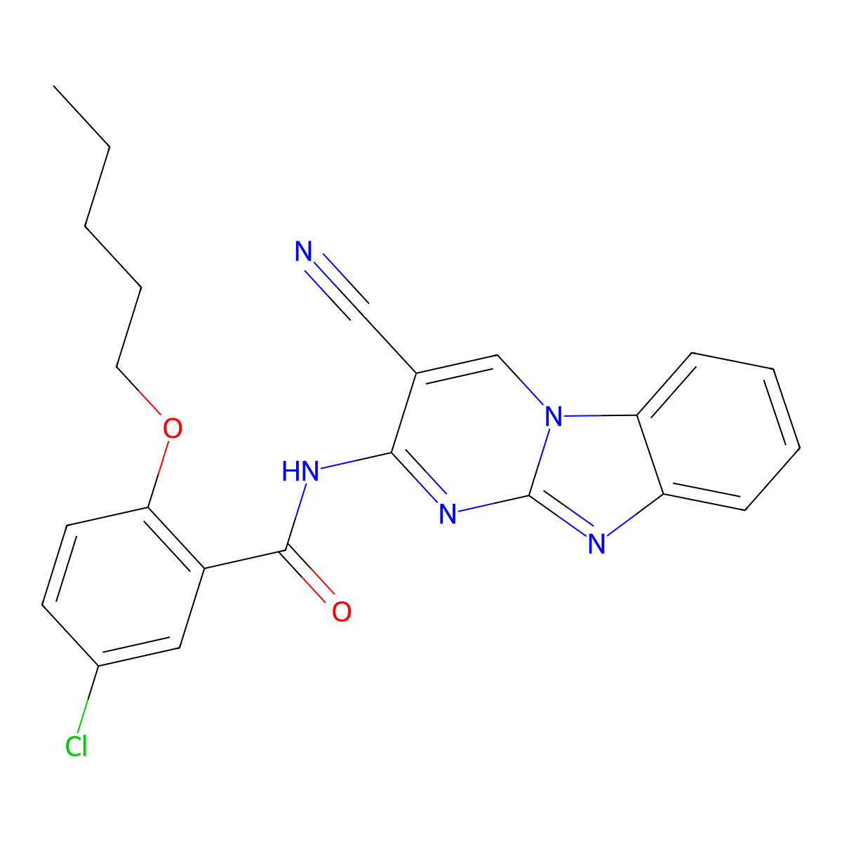 5-Chloro-N-(3-cyanopyrimido(1,2-A)benzimidazol-2-YL)-2-(pentyloxy)benzamide molecular structure, CAS 116477-81-7