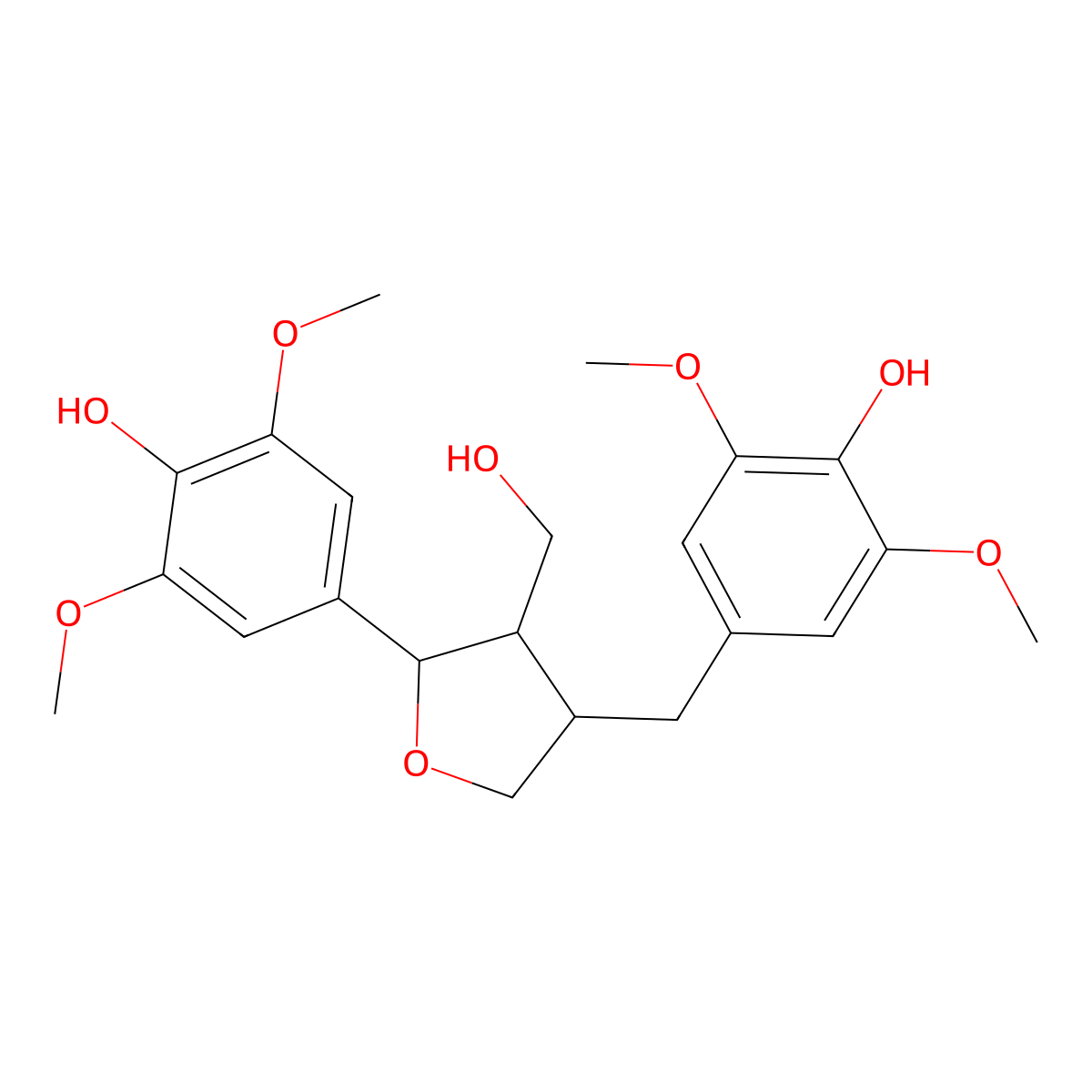 (2S,3R,4R)-Tetrahydro-2-(4-hydroxy-3,5-dimethoxyphenyl)-4-((4-hydroxy-3,5-dimethoxyphenyl)methyl)-3-furanmethanol molecular structure, CAS 116498-58-9