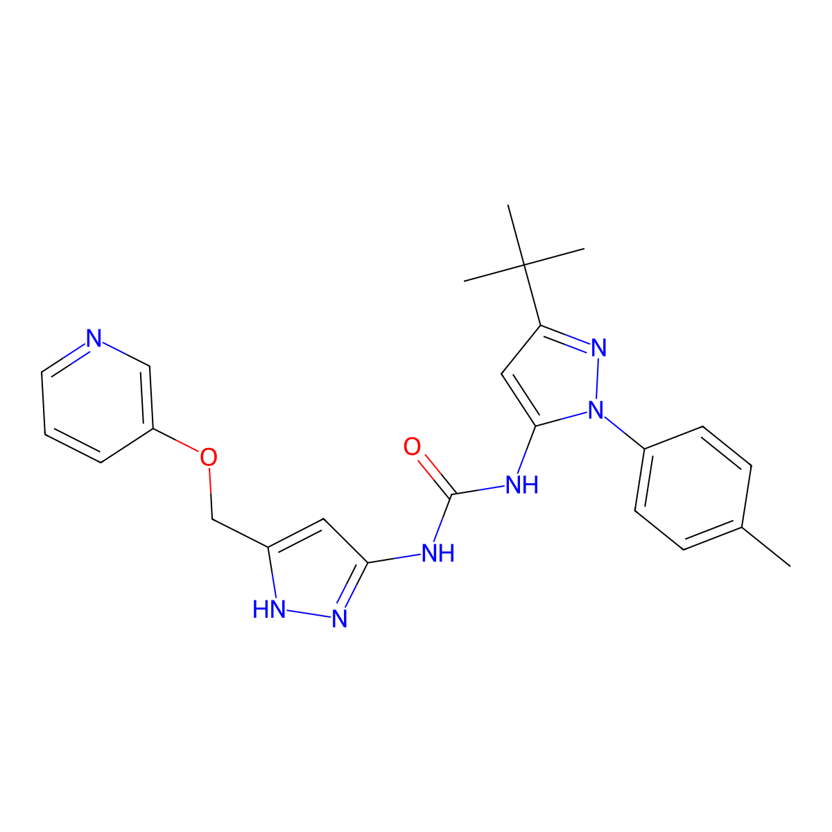 1-(3-(tert-butyl)-1-(p-tolyl)-1H-pyrazol-5-yl)-3-(3-((pyridin-3-yloxy)methyl)-1H-pyrazol-5-yl)urea molecular structure, CAS 1166393-85-6