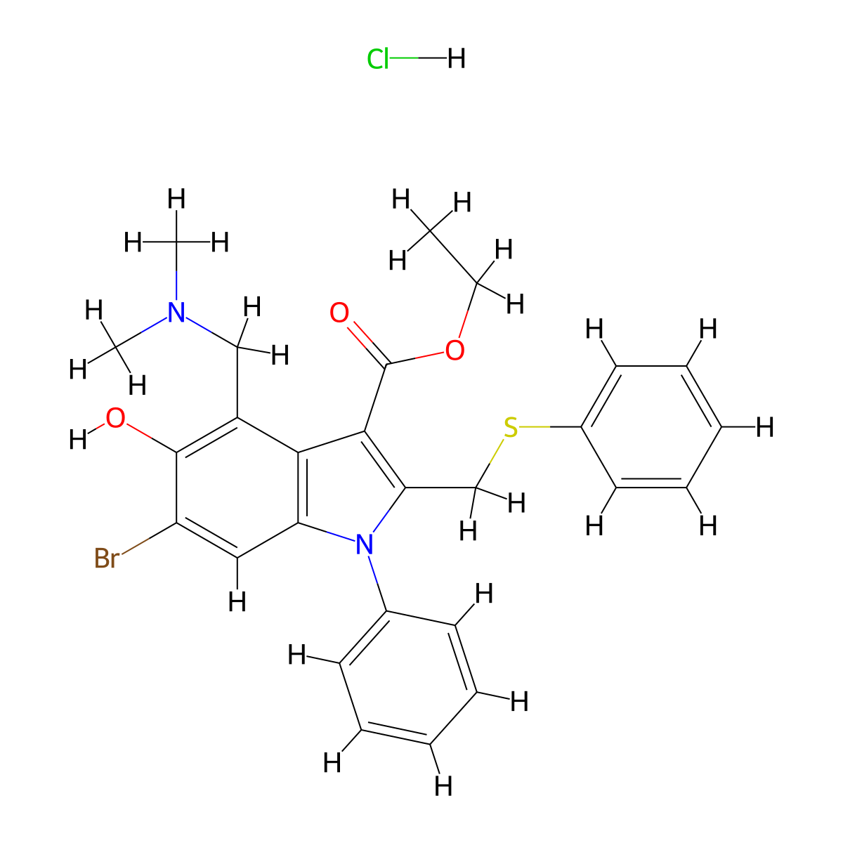 1H-Indole-3-carboxylic acid, 6-bromo-4-((dimethylamino)methyl)-5-hydroxy-1-phenyl-2-((phenylthio)methyl)-, ethyl ester, monohydrochloride molecular structure, CAS 116736-22-2