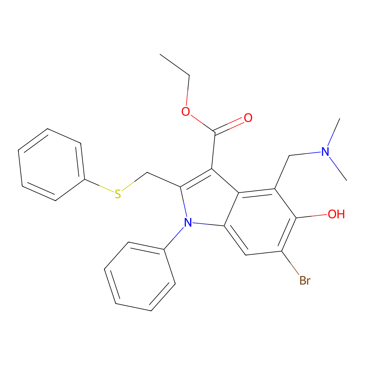 Ethyl 6-Bromo-4-((dimethylamino)methyl)-5-hydroxy-1-phenyl-2-((phenylthio)methyl)-1H-indole-3-carboxylate molecular structure, CAS 116736-31-3