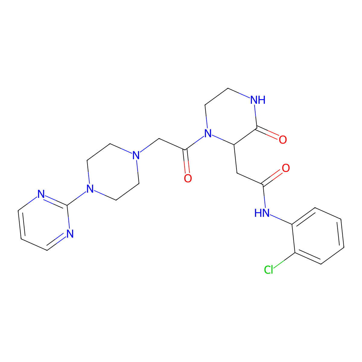 N-(2-chlorophenyl)-2-(3-oxo-1-{2-[4-(2-pyrimidinyl)piperazino]acetyl}-2-piperazinyl)acetamide molecular structure, CAS 1167438-20-1