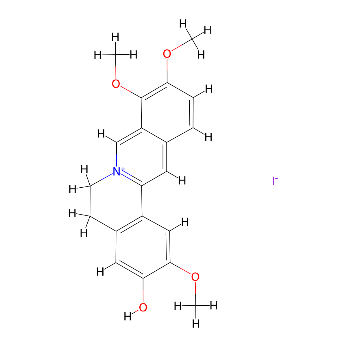 Jatrorrhizine iodide molecular structure, CAS 1168-00-9