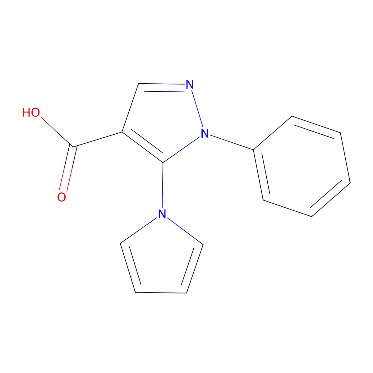 1H-Pyrazole-4-carboxylic acid, 1-phenyl-5-(1H-pyrrol-1-yl)- molecular structure, CAS 116834-08-3
