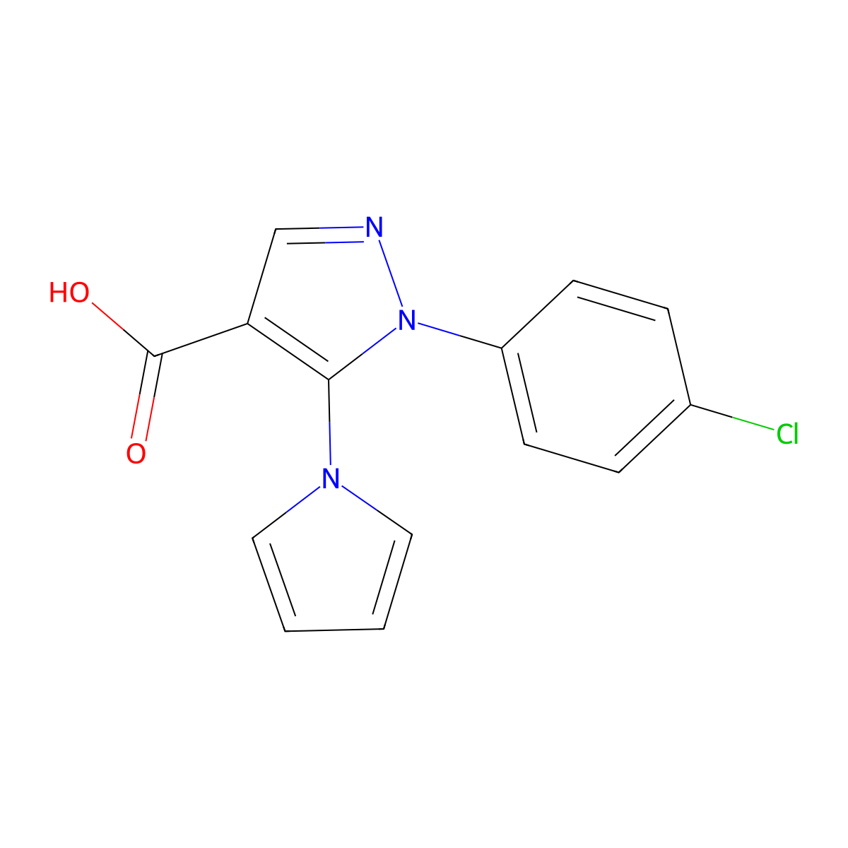 1H-Pyrazole-4-carboxylic acid, 1-(4-chlorophenyl)-5-(1H-pyrrol-1-yl)- molecular structure, CAS 116834-09-4