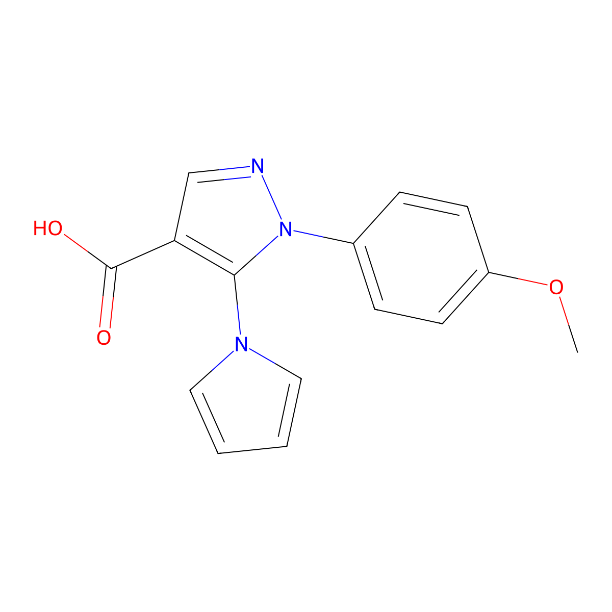1H-Pyrazole-4-carboxylic acid, 1-(4-methoxyphenyl)-5-(1H-pyrrol-1-yl)- molecular structure, CAS 116834-10-7
