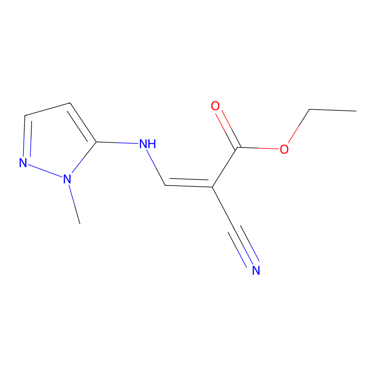 ethyl (E)-2-cyano-3-[(2-methylpyrazol-3-yl)amino]prop-2-enoate molecular structure, CAS 116855-20-0