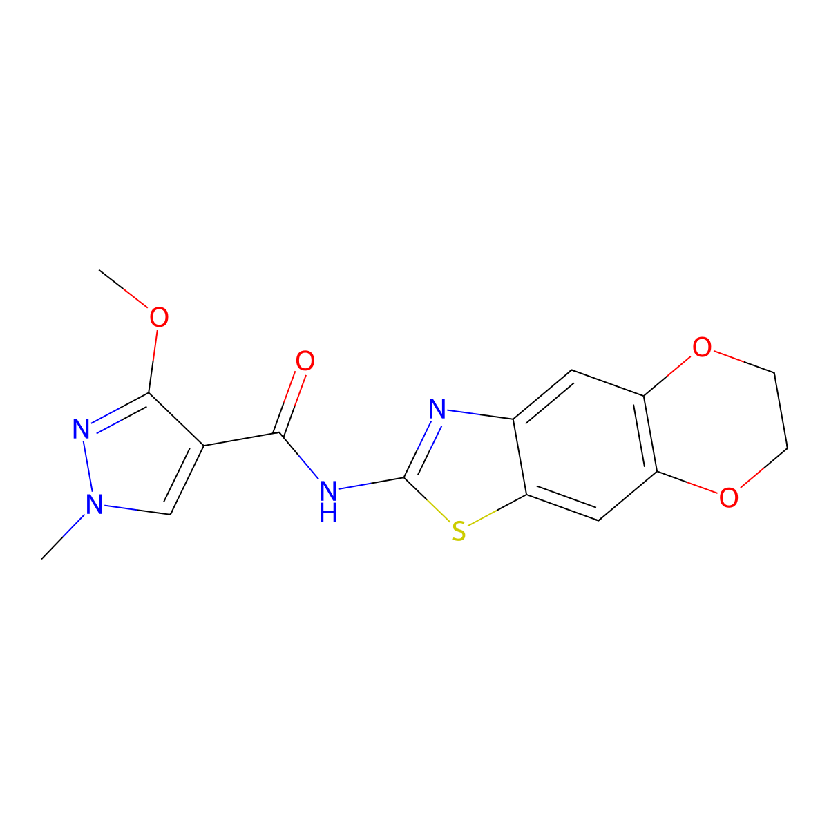 N-(6,7-dihydro-[1,4]dioxino[2',3':4,5]benzo[1,2-d]thiazol-2-yl)-3-methoxy-1-methyl-1H-pyrazole-4-carboxamide molecular structure, CAS 1169949-97-6