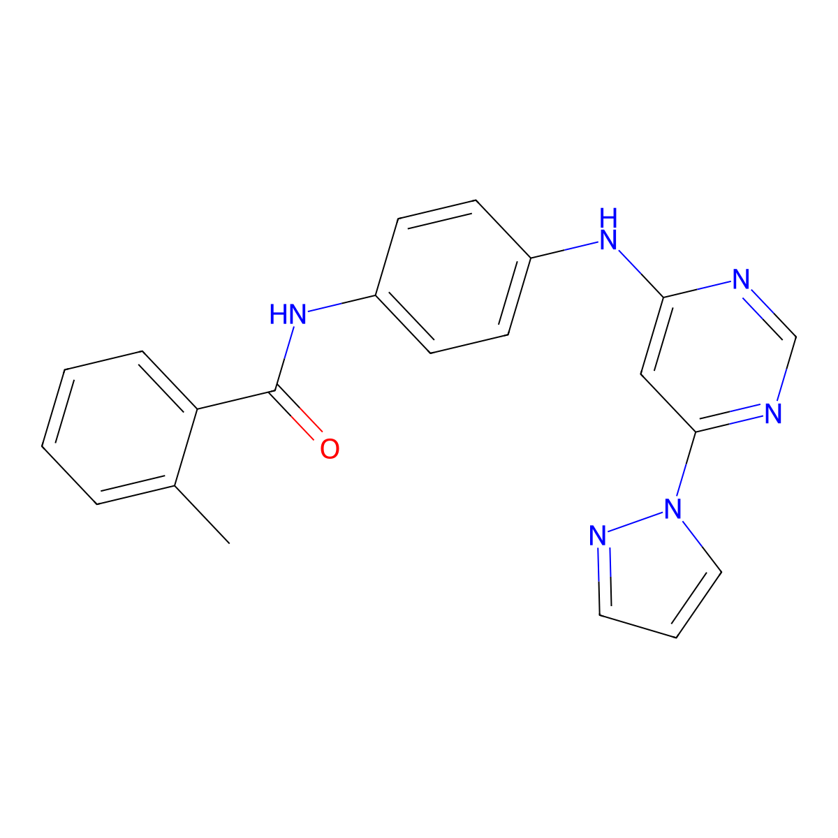 N-(4-((6-(1H-pyrazol-1-yl)pyrimidin-4-yl)amino)phenyl)-2-methylbenzamide molecular structure, CAS 1169950-67-7