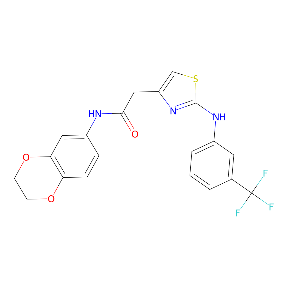 N-(2,3-dihydrobenzo[b][1,4]dioxin-6-yl)-2-(2-((3-(trifluoromethyl)phenyl)amino)thiazol-4-yl)acetamide molecular structure, CAS 1169951-23-8