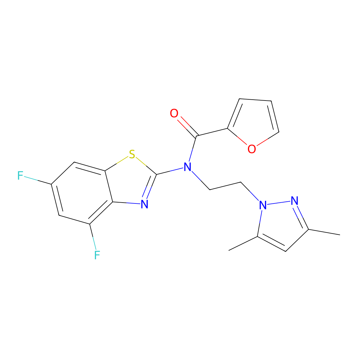 N-(4,6-difluorobenzo[d]thiazol-2-yl)-N-(2-(3,5-dimethyl-1H-pyrazol-1-yl)ethyl)furan-2-carboxamide molecular structure, CAS 1169957-68-9