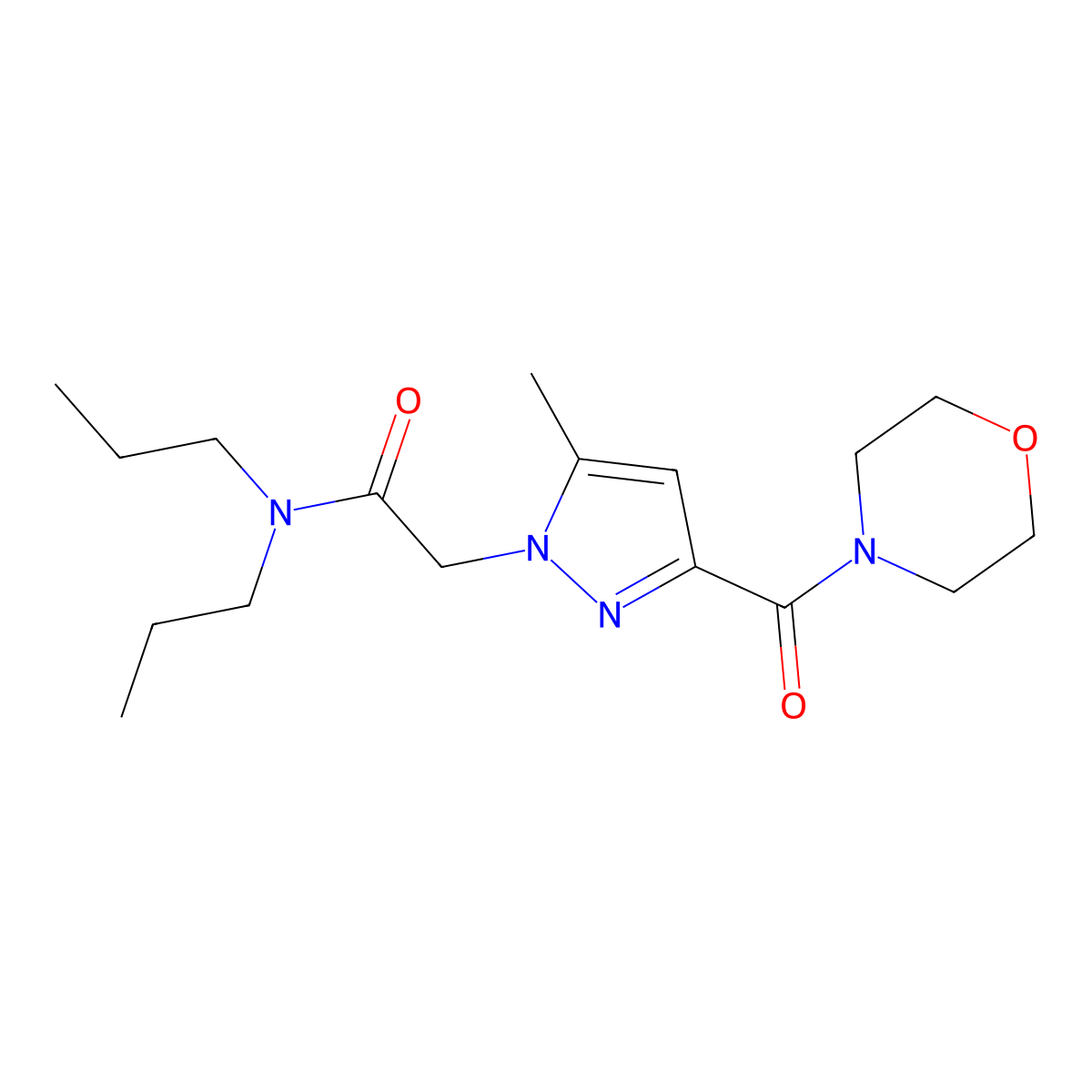2-(5-methyl-3-(morpholine-4-carbonyl)-1H-pyrazol-1-yl)-N,N-dipropylacetamide molecular structure, CAS 1169958-71-7