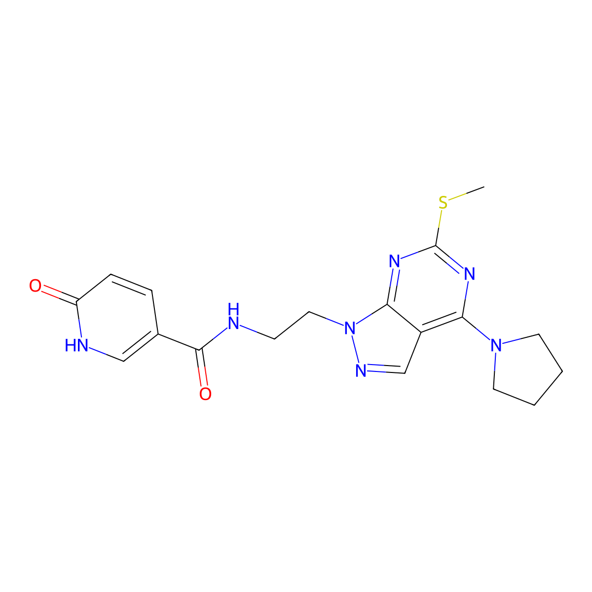 N-(2-(6-(methylthio)-4-(pyrrolidin-1-yl)-1H-pyrazolo[3,4-d]pyrimidin-1-yl)ethyl)-6-oxo-1,6-dihydropyridine-3-carboxamide molecular structure, CAS 1169959-97-0