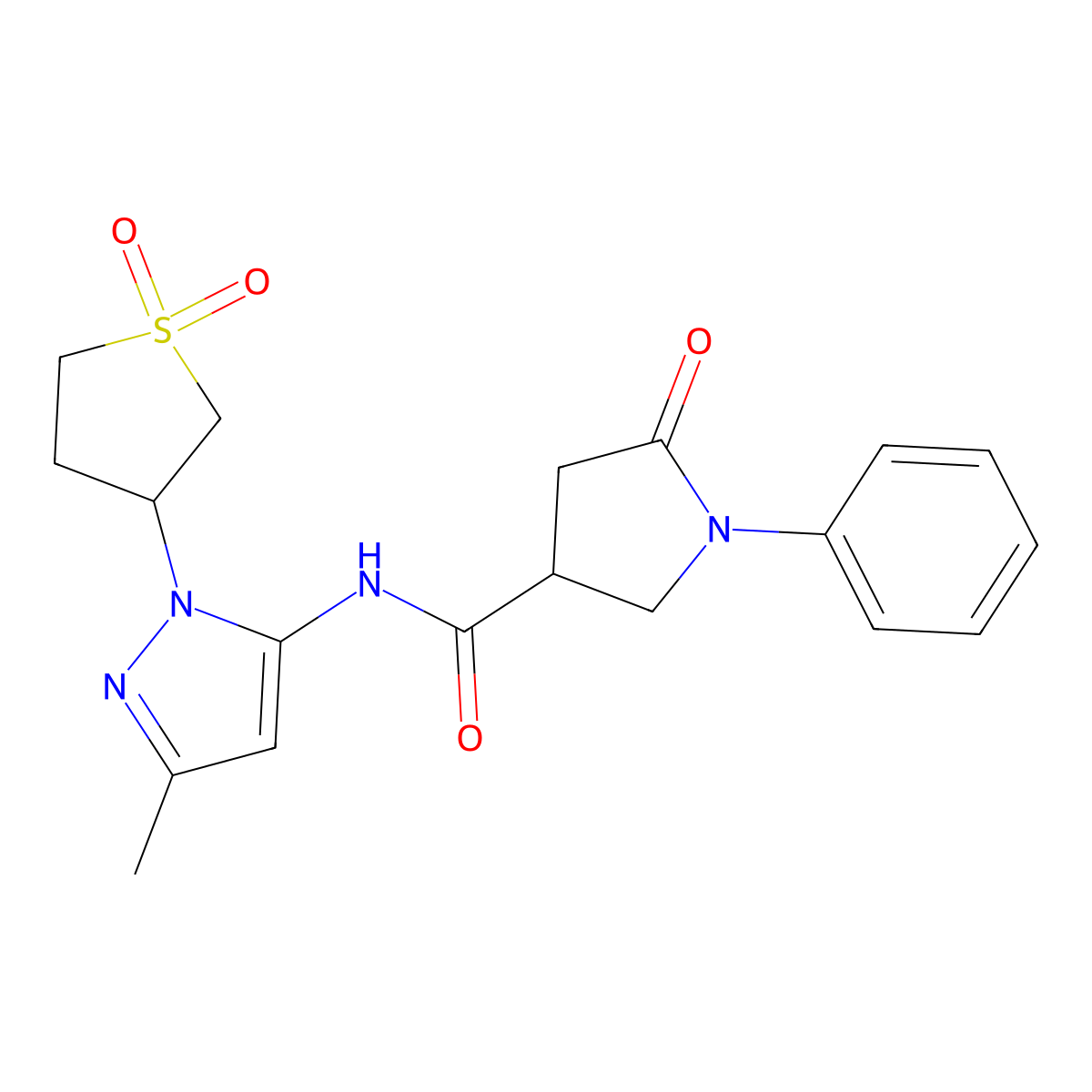 N-(1-(1,1-dioxidotetrahydrothiophen-3-yl)-3-methyl-1H-pyrazol-5-yl)-5-oxo-1-phenylpyrrolidine-3-carboxamide molecular structure, CAS 1169960-76-2