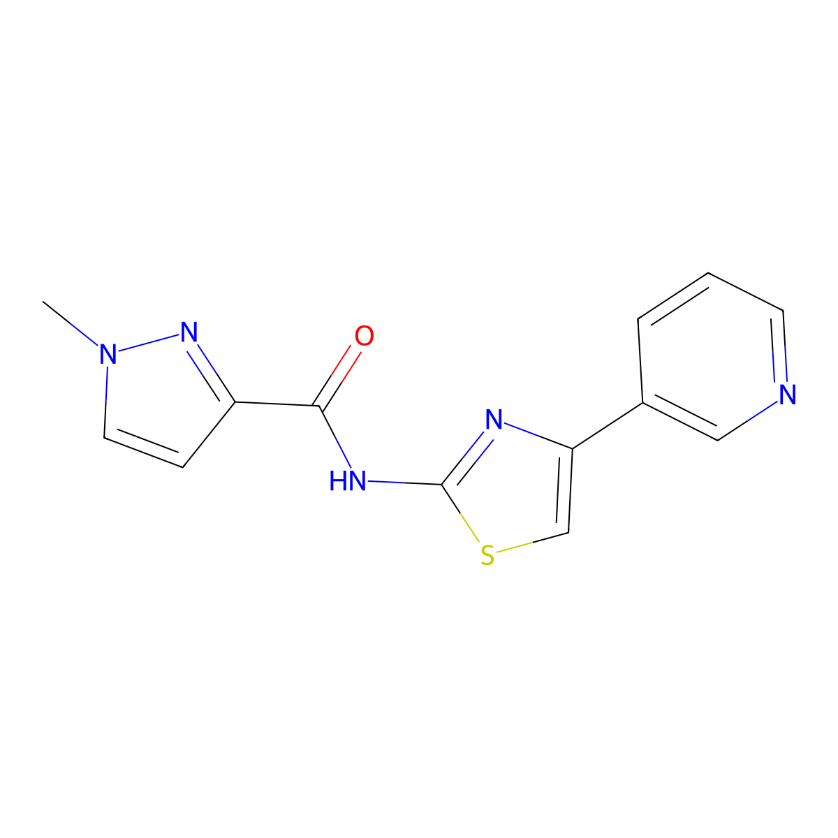 1-methyl-N-(4-(pyridin-3-yl)thiazol-2-yl)-1H-pyrazole-3-carboxamide molecular structure, CAS 1169961-72-1