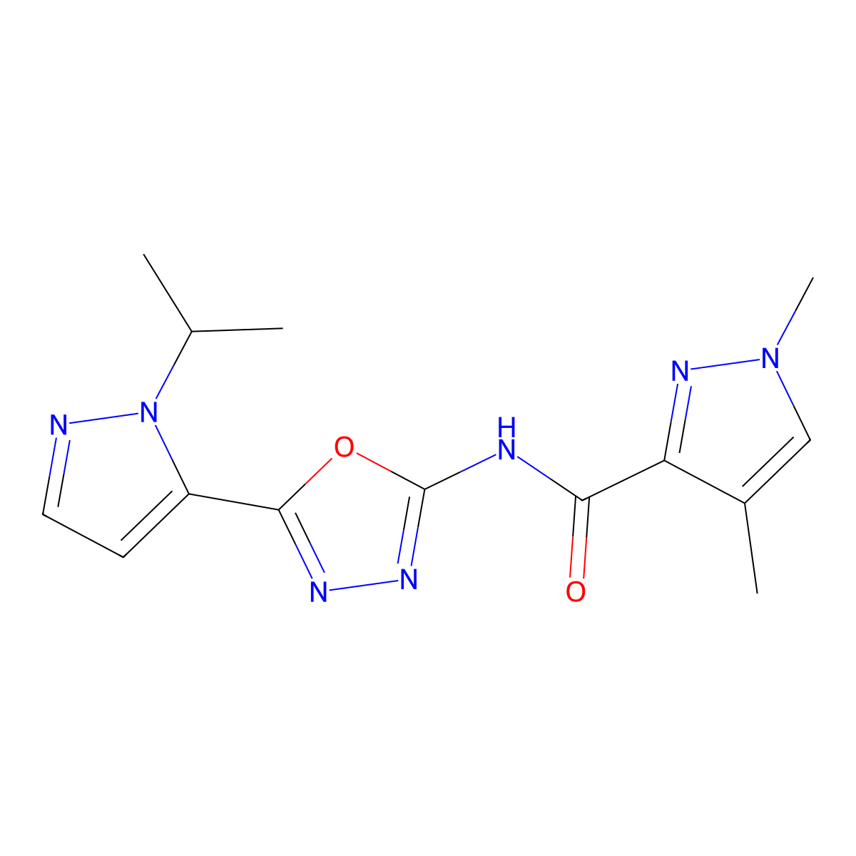 N-(5-(1-isopropyl-1H-pyrazol-5-yl)-1,3,4-oxadiazol-2-yl)-1,4-dimethyl-1H-pyrazole-3-carboxamide molecular structure, CAS 1169962-26-8