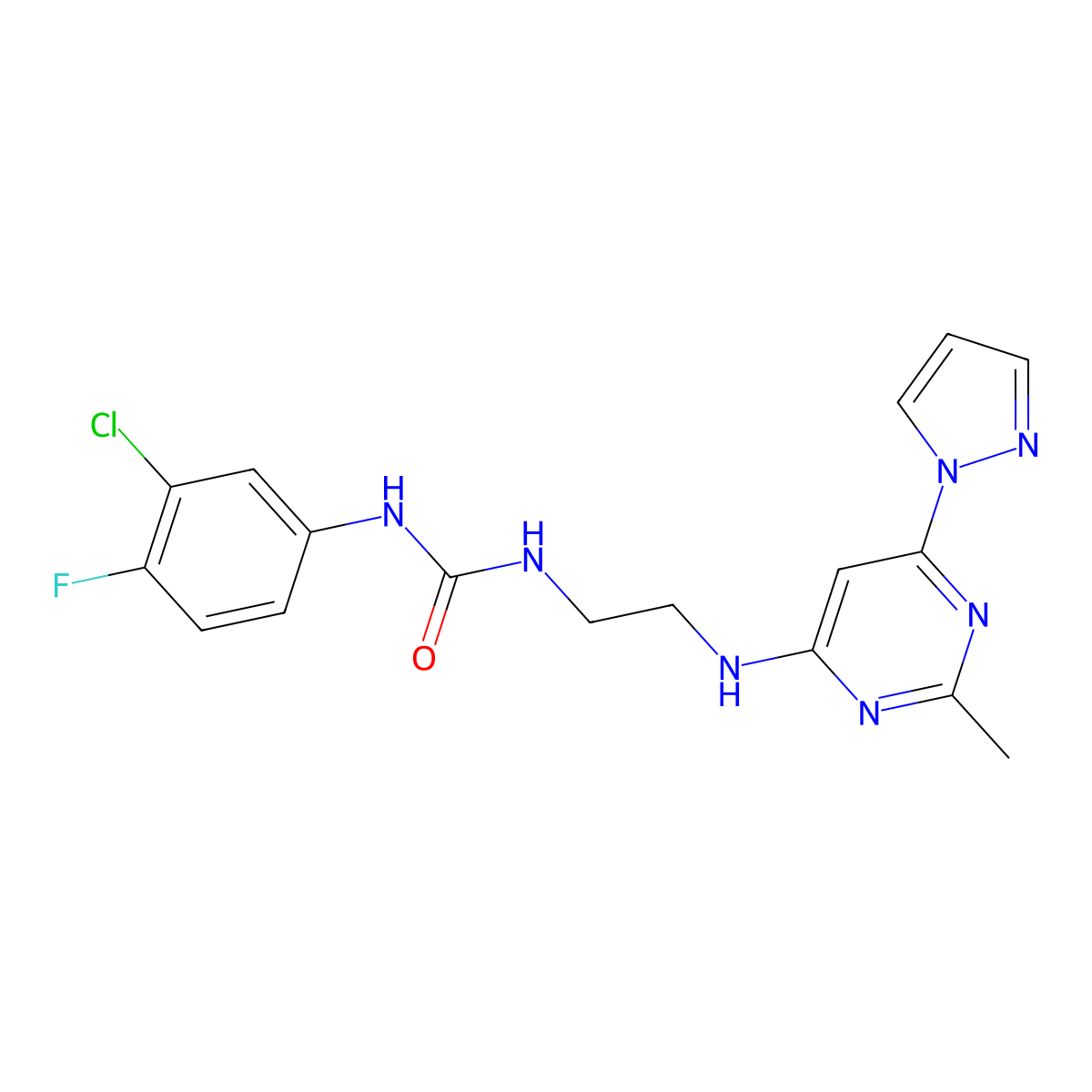 1-(3-chloro-4-fluorophenyl)-3-(2-((2-methyl-6-(1H-pyrazol-1-yl)pyrimidin-4-yl)amino)ethyl)urea molecular structure, CAS 1169963-78-3