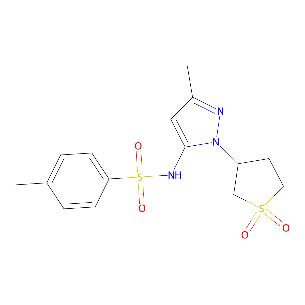 N-(1-(1,1-dioxidotetrahydrothiophen-3-yl)-3-methyl-1H-pyrazol-5-yl)-4-methylbenzenesulfonamide molecular structure, CAS 1169964-96-8