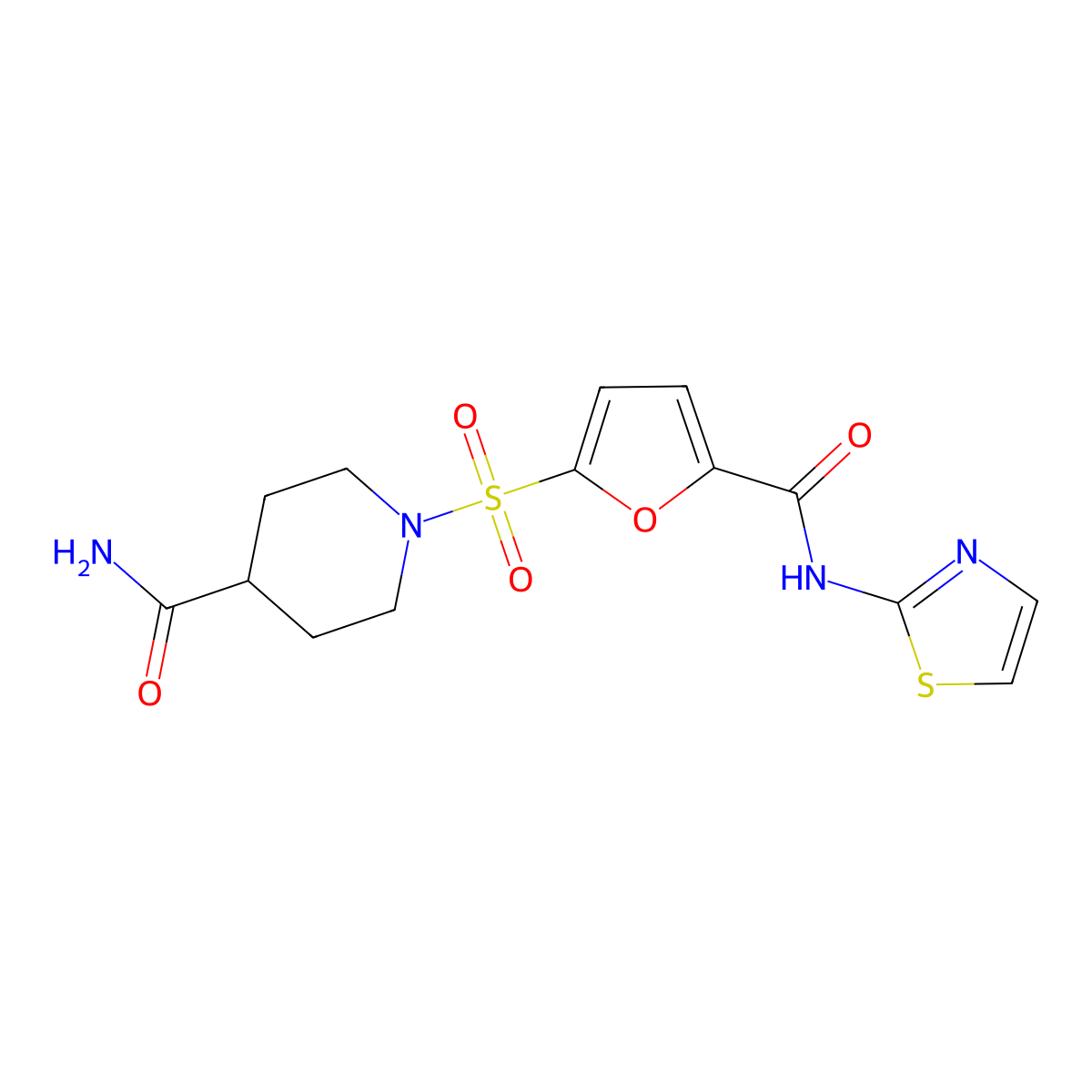 1-((5-(Thiazol-2-ylcarbamoyl)furan-2-yl)sulfonyl)piperidine-4-carboxamide molecular structure, CAS 1169966-32-8