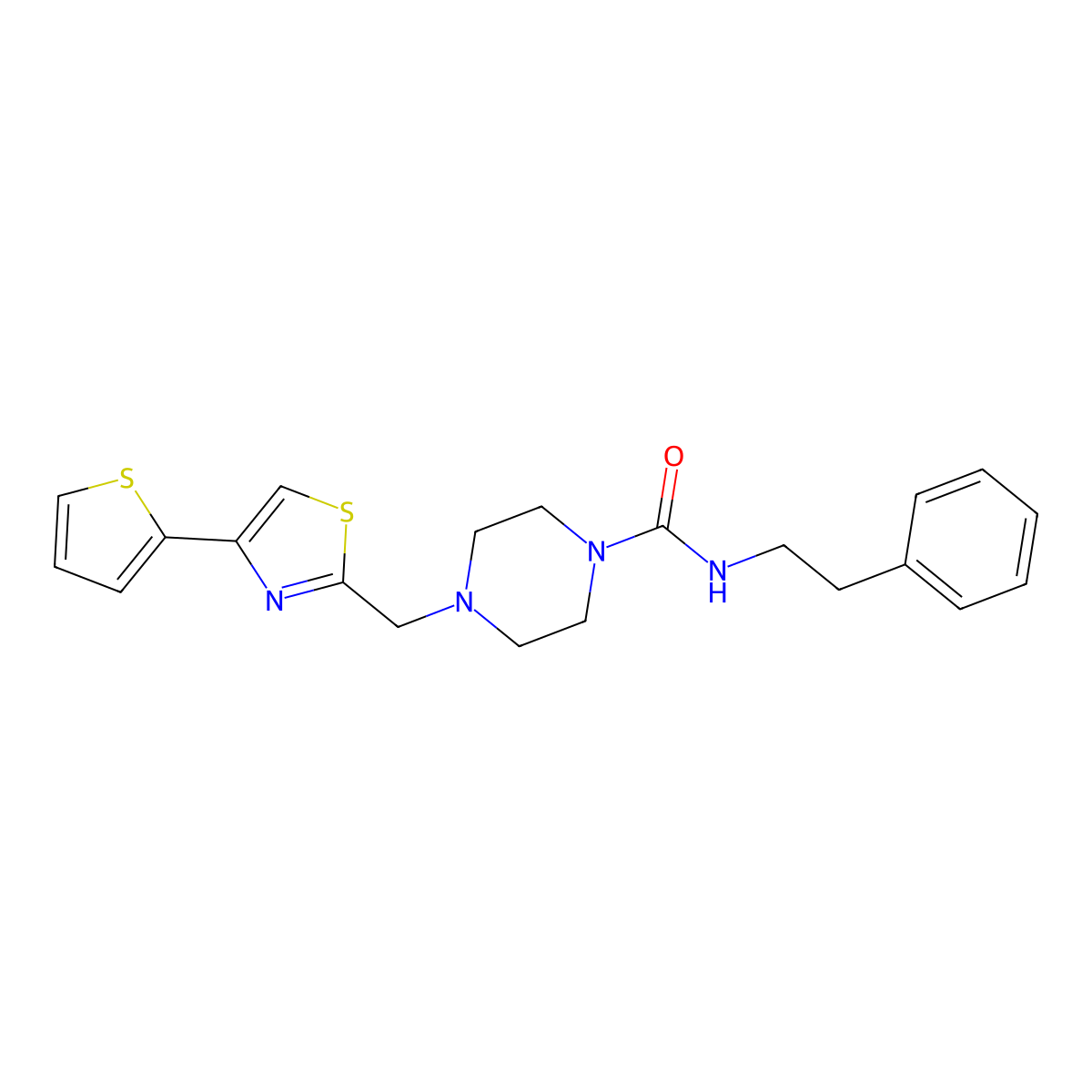 N-phenethyl-4-((4-(thiophen-2-yl)thiazol-2-yl)methyl)piperazine-1-carboxamide molecular structure, CAS 1169966-80-6