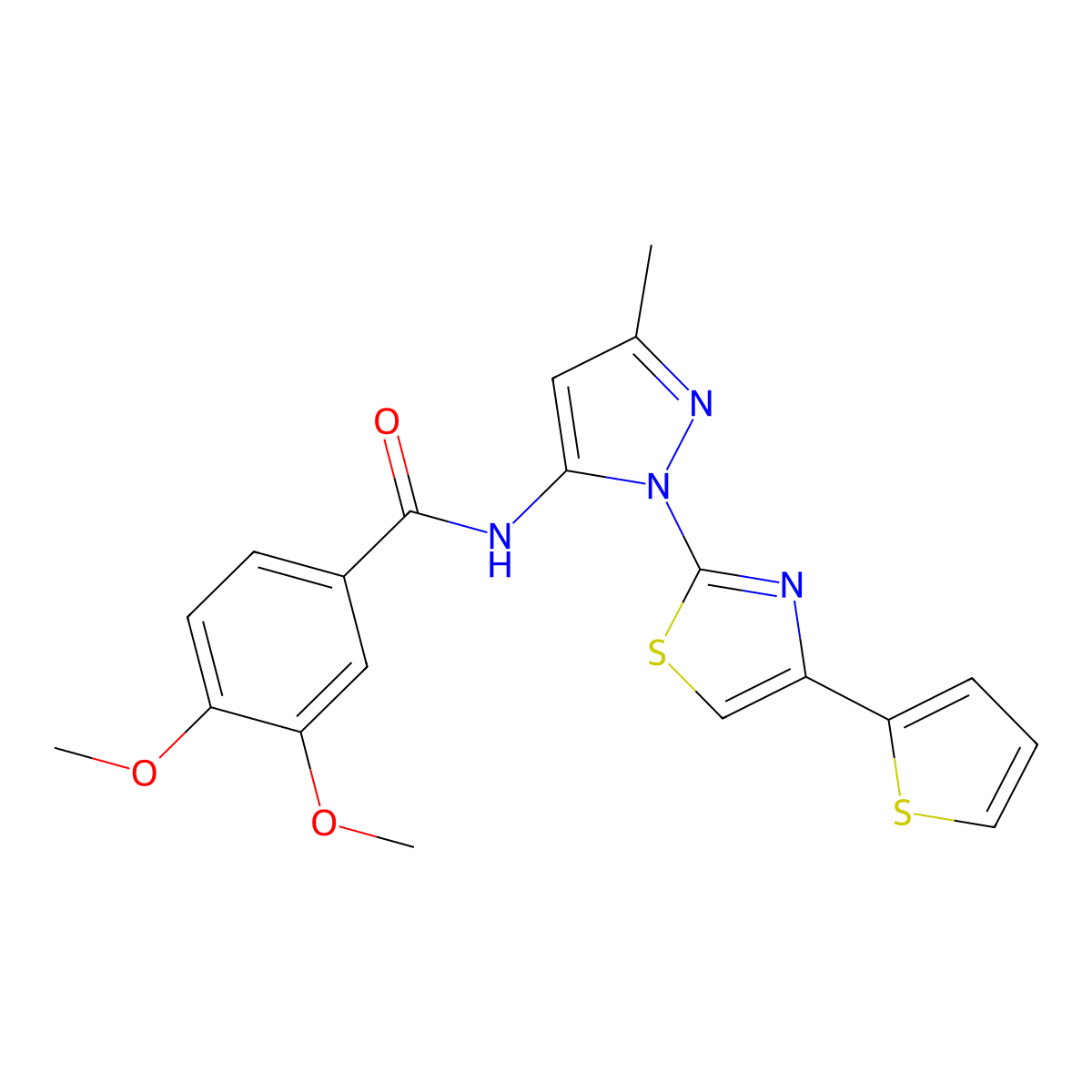 3,4-dimethoxy-N-(3-methyl-1-(4-(thiophen-2-yl)thiazol-2-yl)-1H-pyrazol-5-yl)benzamide molecular structure, CAS 1169967-08-1