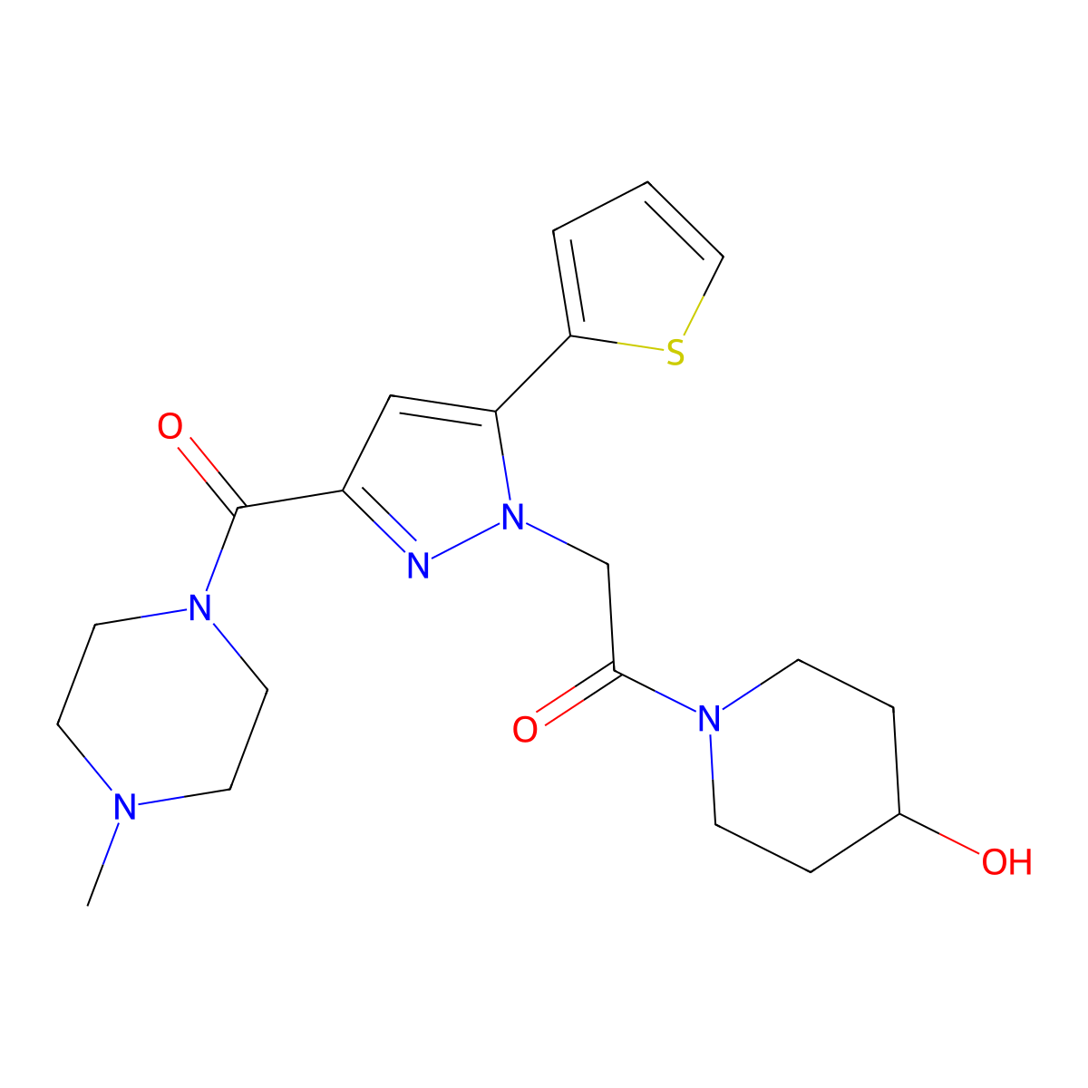1-(4-hydroxypiperidin-1-yl)-2-(3-(4-methylpiperazine-1-carbonyl)-5-(thiophen-2-yl)-1H-pyrazol-1-yl)ethanone molecular structure, CAS 1169968-44-8