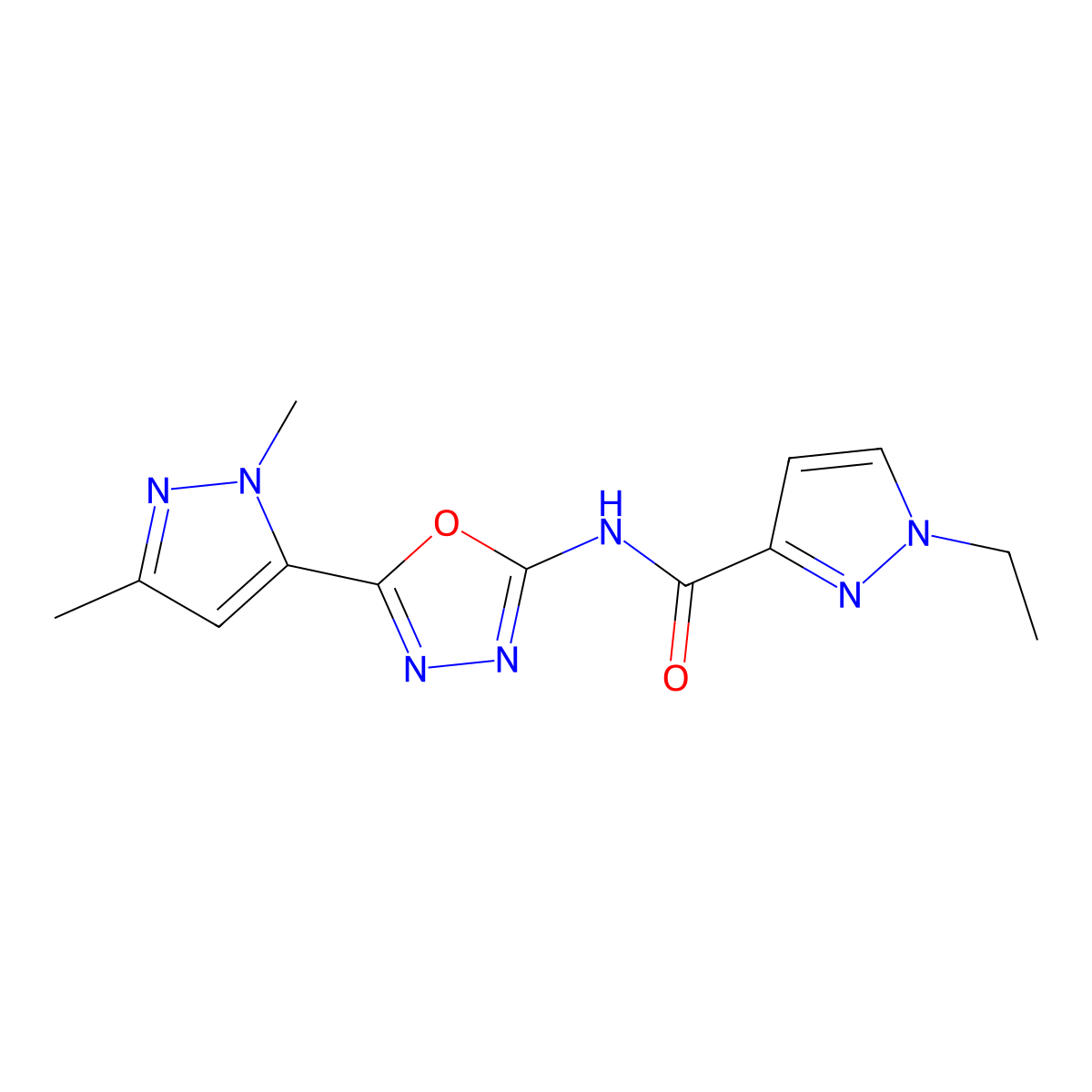 N-[5-(1,3-dimethyl-1H-pyrazol-5-yl)-1,3,4-oxadiazol-2-yl]-1-ethyl-1H-pyrazole-3-carboxamide molecular structure, CAS 1169972-71-7