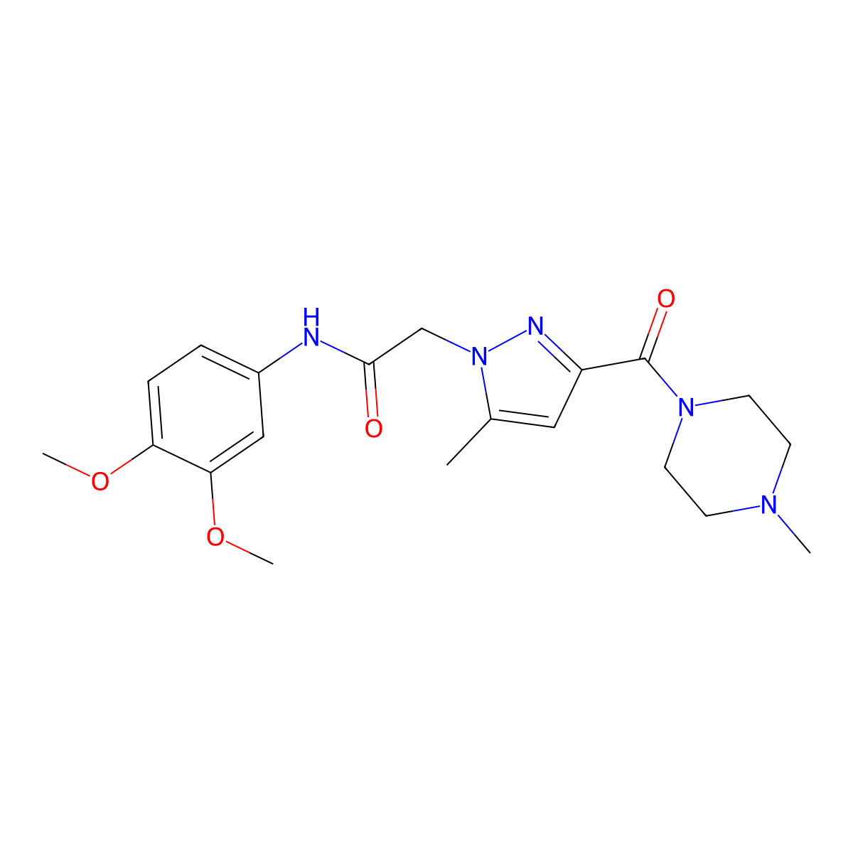 N-(3,4-dimethoxyphenyl)-2-(5-methyl-3-(4-methylpiperazine-1-carbonyl)-1H-pyrazol-1-yl)acetamide molecular structure, CAS 1169973-91-4