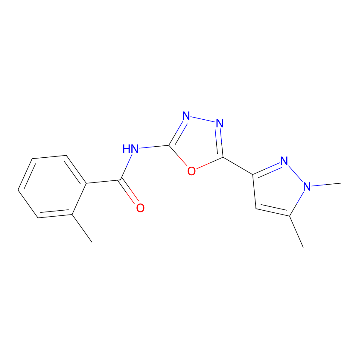 N-(5-(1,5-dimethyl-1H-pyrazol-3-yl)-1,3,4-oxadiazol-2-yl)-2-methylbenzamide molecular structure, CAS 1169974-39-3
