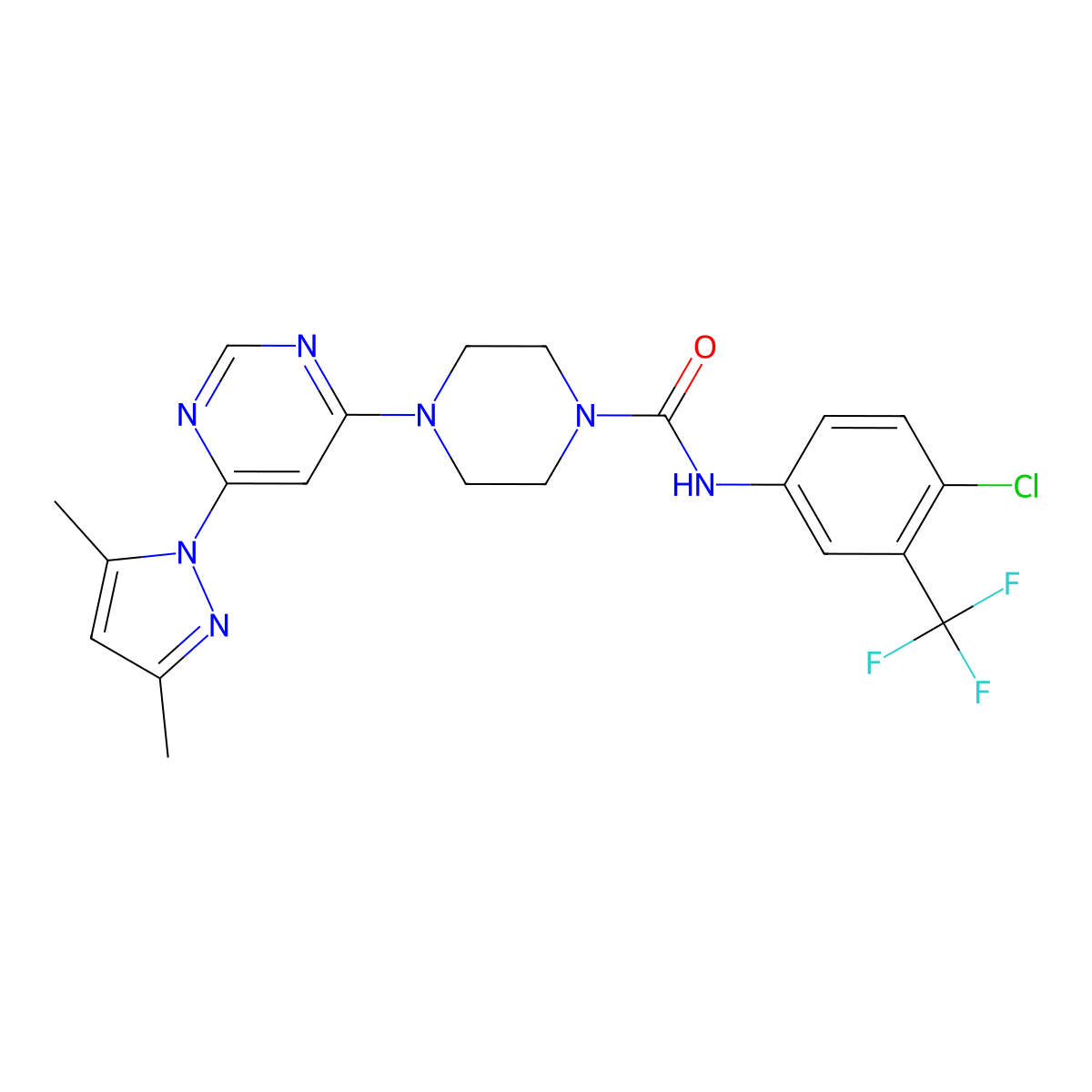 N-(4-chloro-3-(trifluoromethyl)phenyl)-4-(6-(3,5-dimethyl-1H-pyrazol-1-yl)pyrimidin-4-yl)piperazine-1-carboxamide molecular structure, CAS 1169974-68-8