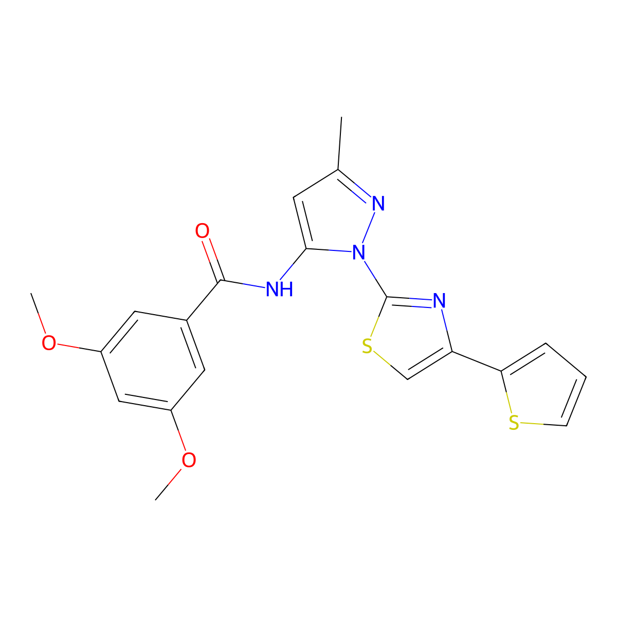 3,5-dimethoxy-N-(3-methyl-1-(4-(thiophen-2-yl)thiazol-2-yl)-1H-pyrazol-5-yl)benzamide molecular structure, CAS 1169974-77-9