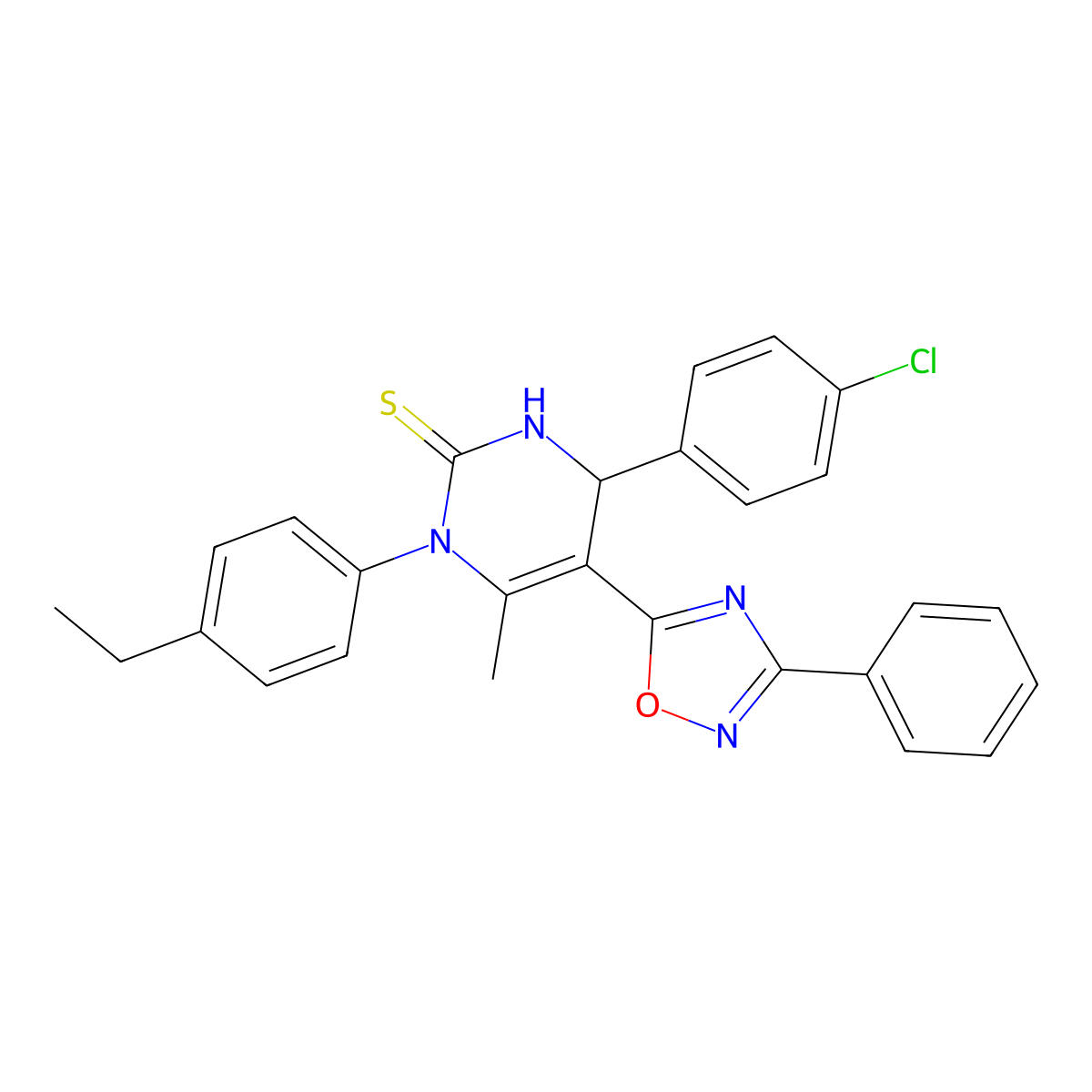 4-(4-chlorophenyl)-1-(4-ethylphenyl)-6-methyl-5-(3-phenyl-1,2,4-oxadiazol-5-yl)-3,4-dihydropyrimidine-2(1H)-thione molecular structure, CAS 1169977-10-9