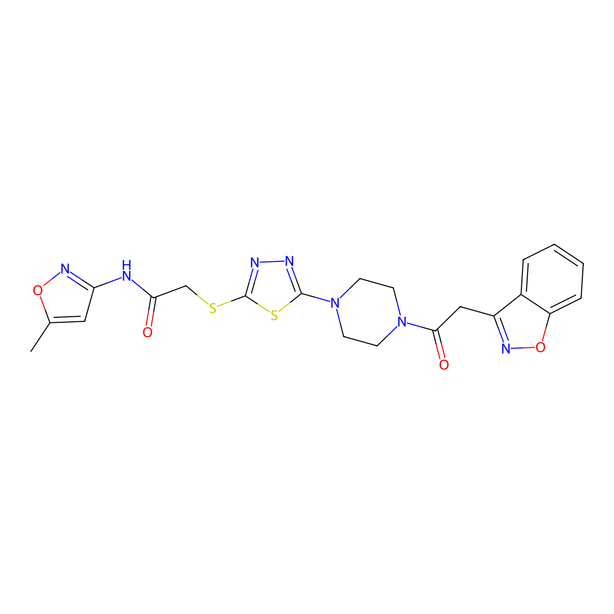 2-((5-(4-(2-(benzo[d]isoxazol-3-yl)acetyl)piperazin-1-yl)-1,3,4-thiadiazol-2-yl)thio)-N-(5-methylisoxazol-3-yl)acetamide molecular structure, CAS 1169980-03-3