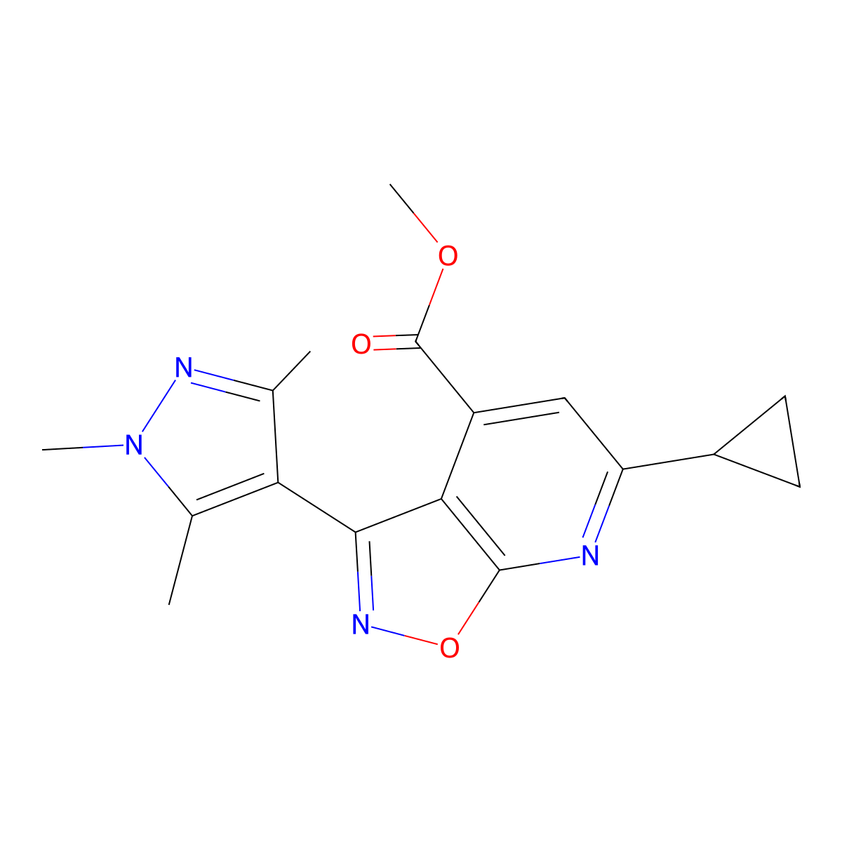 Methyl 6-cyclopropyl-3-(1,3,5-trimethyl-1H-pyrazol-4-yl)isoxazolo[5,4-b]pyridine-4-carboxylate molecular structure, CAS 1169980-32-8