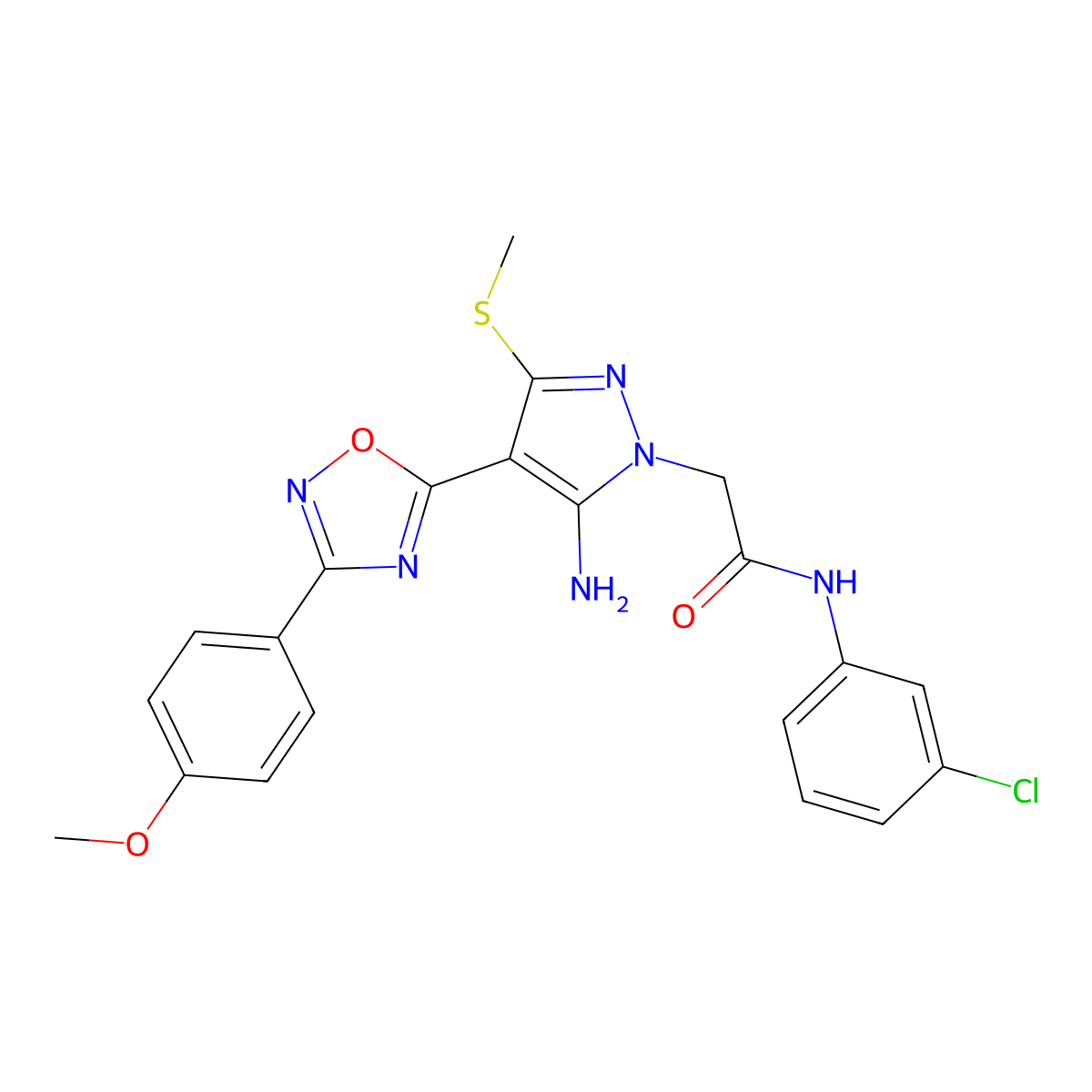 2-{5-amino-4-[3-(4-methoxyphenyl)-1,2,4-oxadiazol-5-yl]-3-(methylsulfanyl)-1H-pyrazol-1-yl}-N-(3-chlorophenyl)acetamide molecular structure, CAS 1169982-21-1