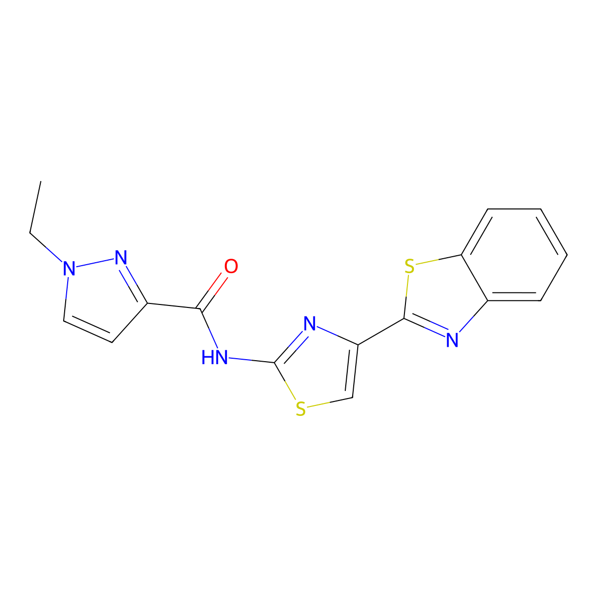 N-(4-(benzo[d]thiazol-2-yl)thiazol-2-yl)-1-ethyl-1H-pyrazole-3-carboxamide molecular structure, CAS 1169984-73-9