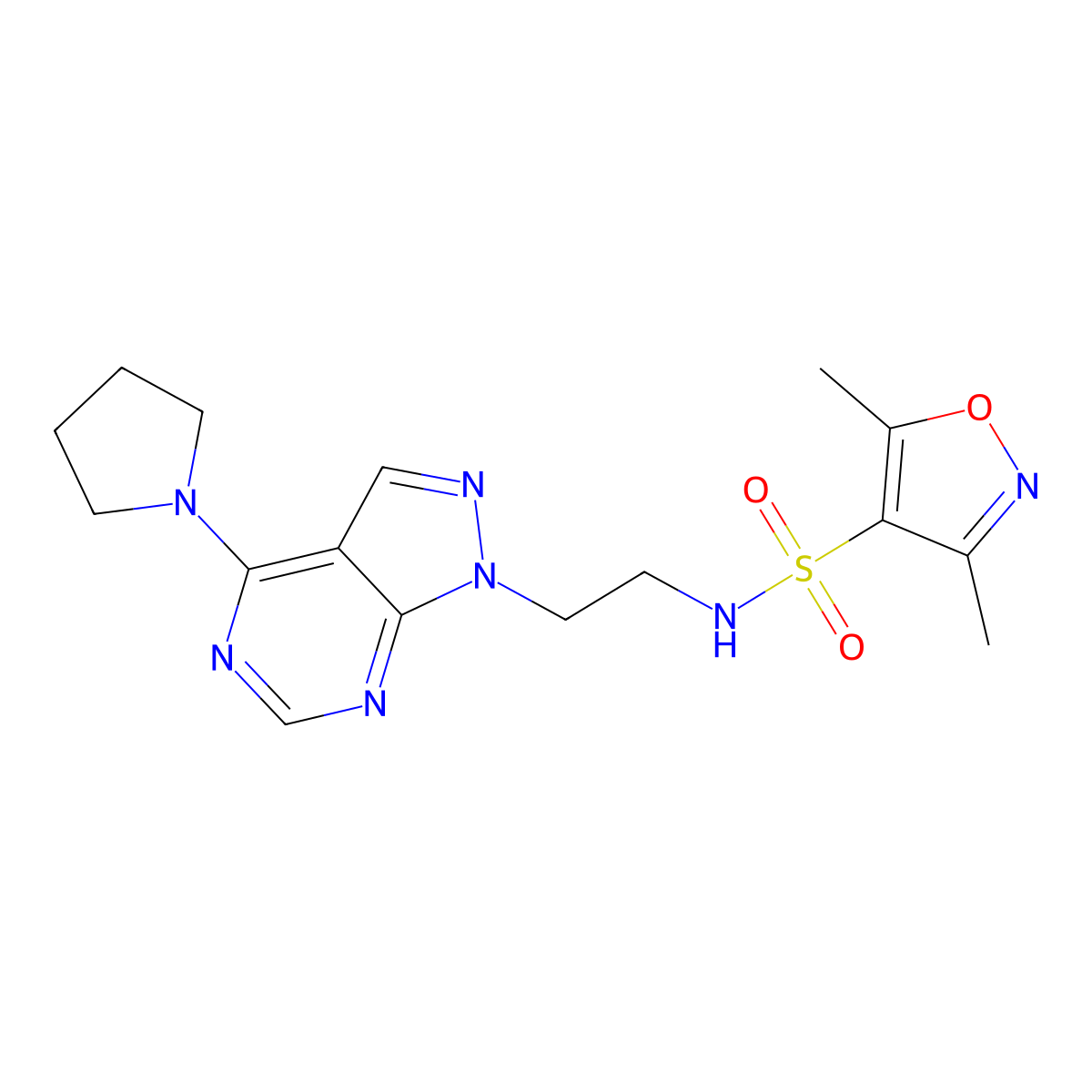 3,5-dimethyl-N-(2-(4-(pyrrolidin-1-yl)-1H-pyrazolo[3,4-d]pyrimidin-1-yl)ethyl)isoxazole-4-sulfonamide molecular structure, CAS 1169985-77-6