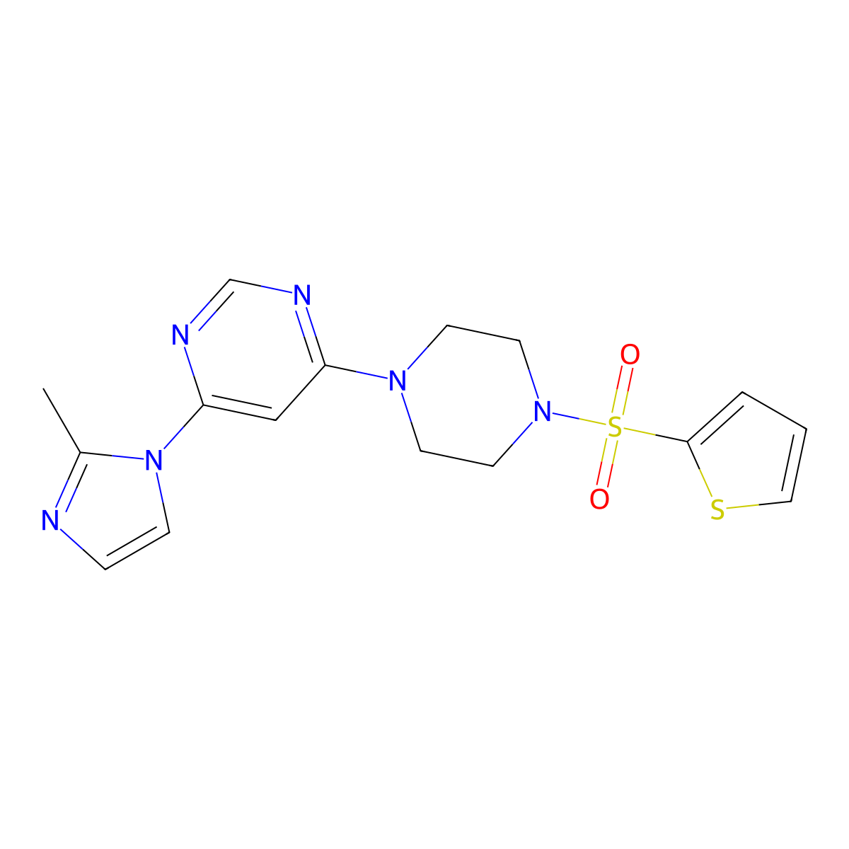 4-(2-methyl-1H-imidazol-1-yl)-6-(4-(thiophen-2-ylsulfonyl)piperazin-1-yl)pyrimidine molecular structure, CAS 1169986-60-0