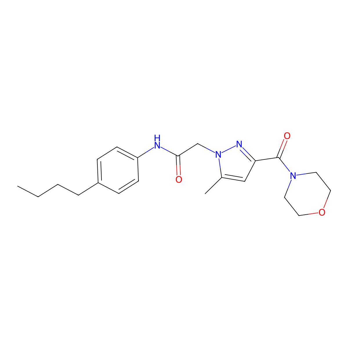 N-(4-butylphenyl)-2-(5-methyl-3-(morpholine-4-carbonyl)-1H-pyrazol-1-yl)acetamide molecular structure, CAS 1169987-50-1
