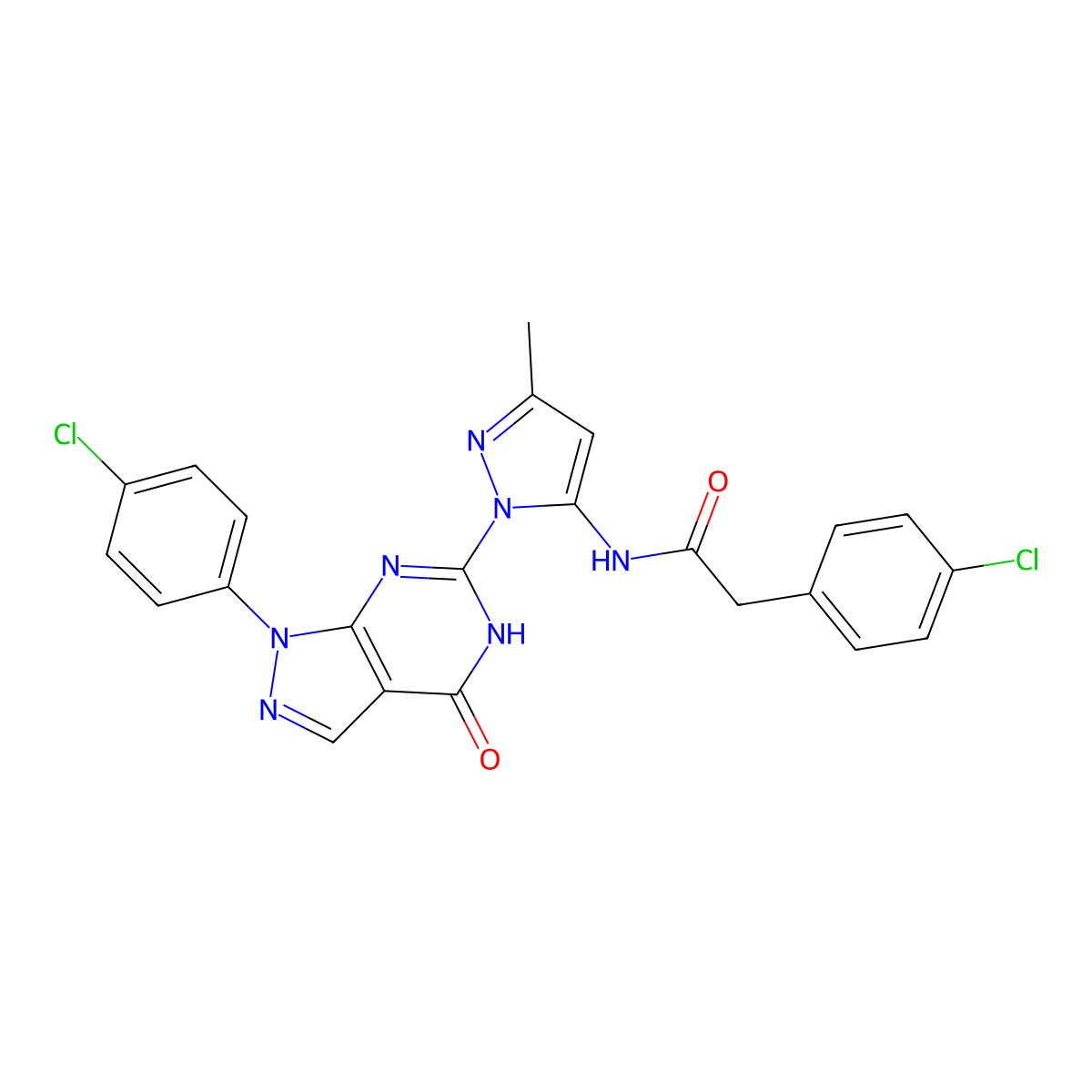 2-(4-chlorophenyl)-N-(1-(1-(4-chlorophenyl)-4-oxo-4,5-dihydro-1H-pyrazolo[3,4-d]pyrimidin-6-yl)-3-methyl-1H-pyrazol-5-yl)acetamide molecular structure, CAS 1169987-81-8
