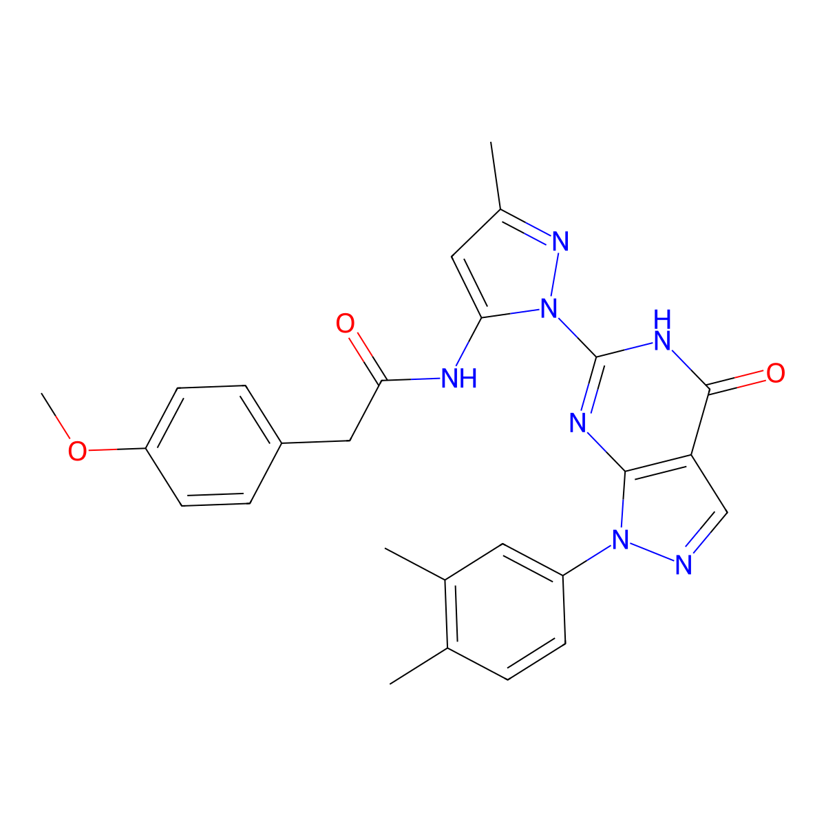 N-(1-(1-(3,4-dimethylphenyl)-4-oxo-4,5-dihydro-1H-pyrazolo[3,4-d]pyrimidin-6-yl)-3-methyl-1H-pyrazol-5-yl)-2-(4-methoxyphenyl)acetamide molecular structure, CAS 1169988-22-0