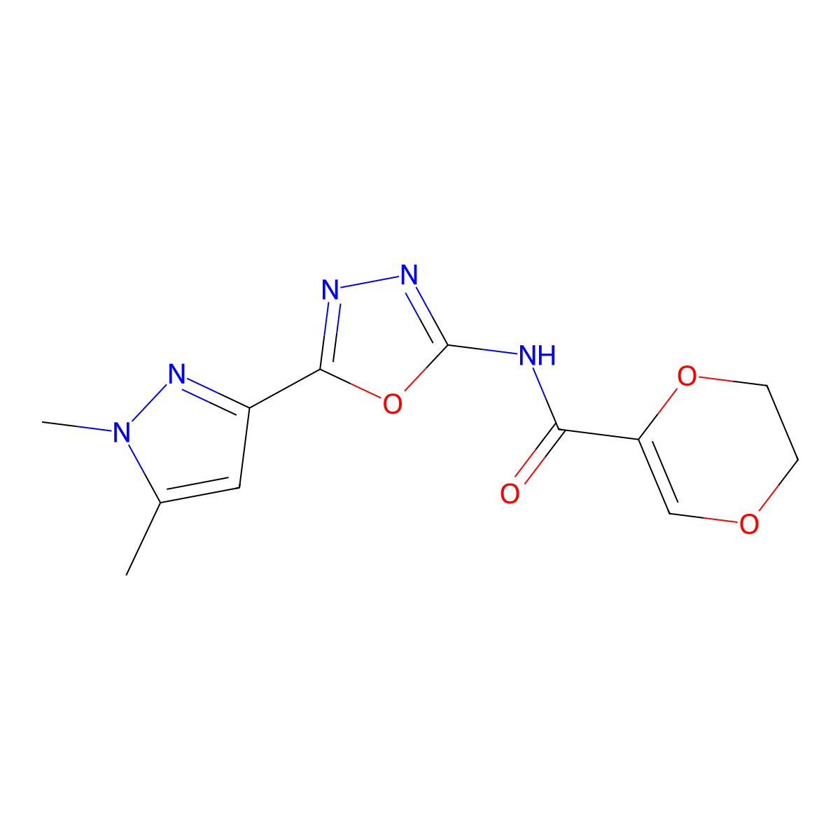 N-[5-(1,5-dimethyl-1H-pyrazol-3-yl)-1,3,4-oxadiazol-2-yl]-5,6-dihydro-1,4-dioxine-2-carboxamide molecular structure, CAS 1169989-64-3