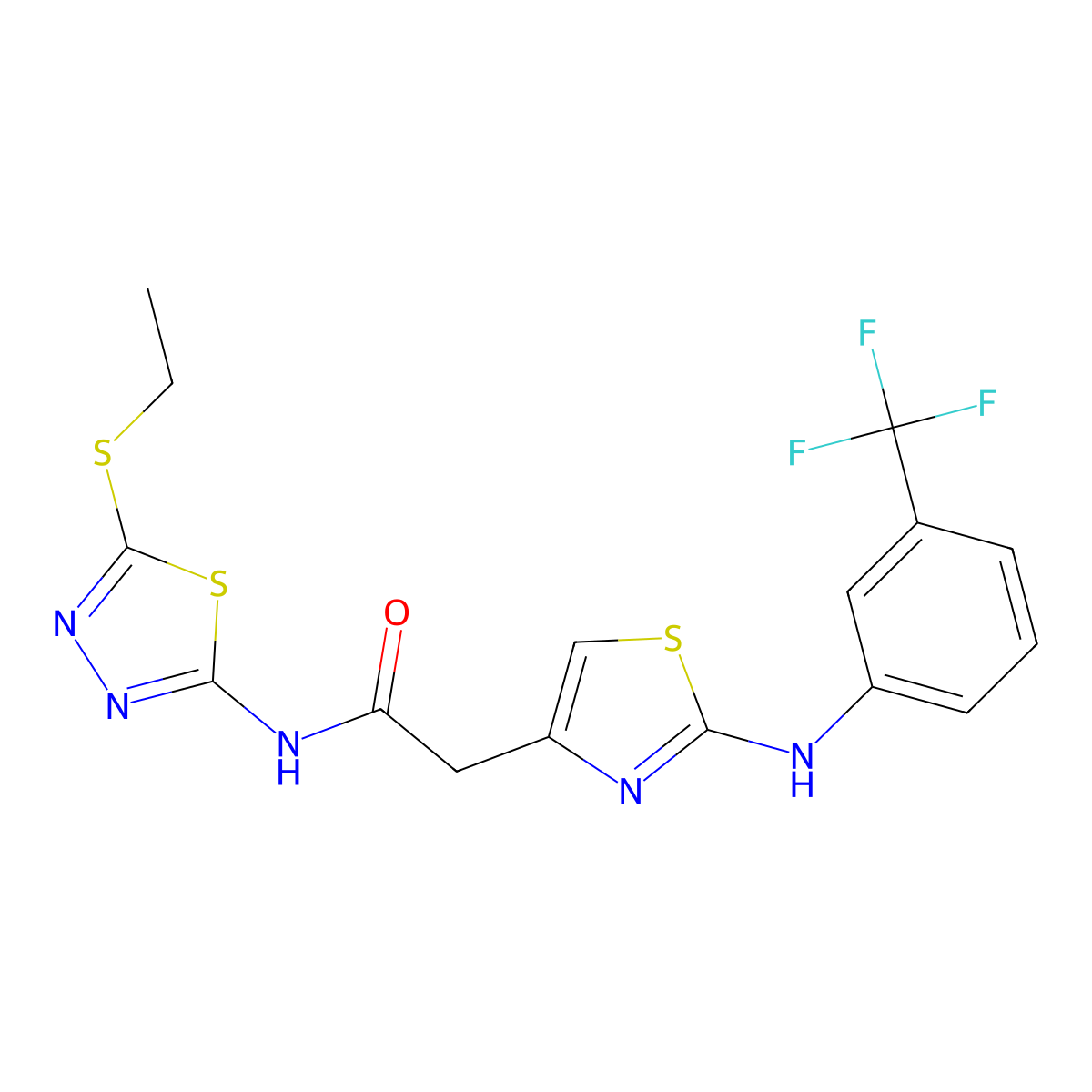 N-(5-(ethylthio)-1,3,4-thiadiazol-2-yl)-2-(2-((3-(trifluoromethyl)phenyl)amino)thiazol-4-yl)acetamide molecular structure, CAS 1169992-56-6
