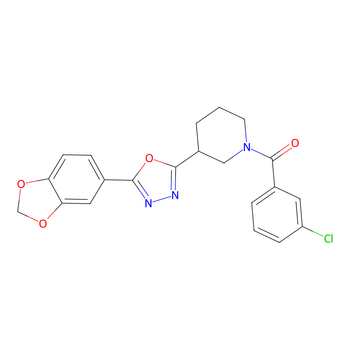 (3-(5-(Benzo[d][1,3]dioxol-5-yl)-1,3,4-oxadiazol-2-yl)piperidin-1-yl)(3-chlorophenyl)methanone molecular structure, CAS 1169996-71-7