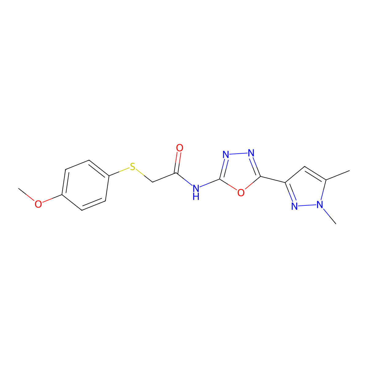 N-(5-(1,5-dimethyl-1H-pyrazol-3-yl)-1,3,4-oxadiazol-2-yl)-2-((4-methoxyphenyl)thio)acetamide molecular structure, CAS 1169997-14-1