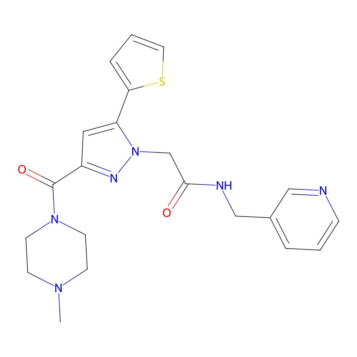 2-[3-(4-methylpiperazine-1-carbonyl)-5-(thiophen-2-yl)-1H-pyrazol-1-yl]-N-[(pyridin-3-yl)methyl]acetamide molecular structure, CAS 1169998-09-7